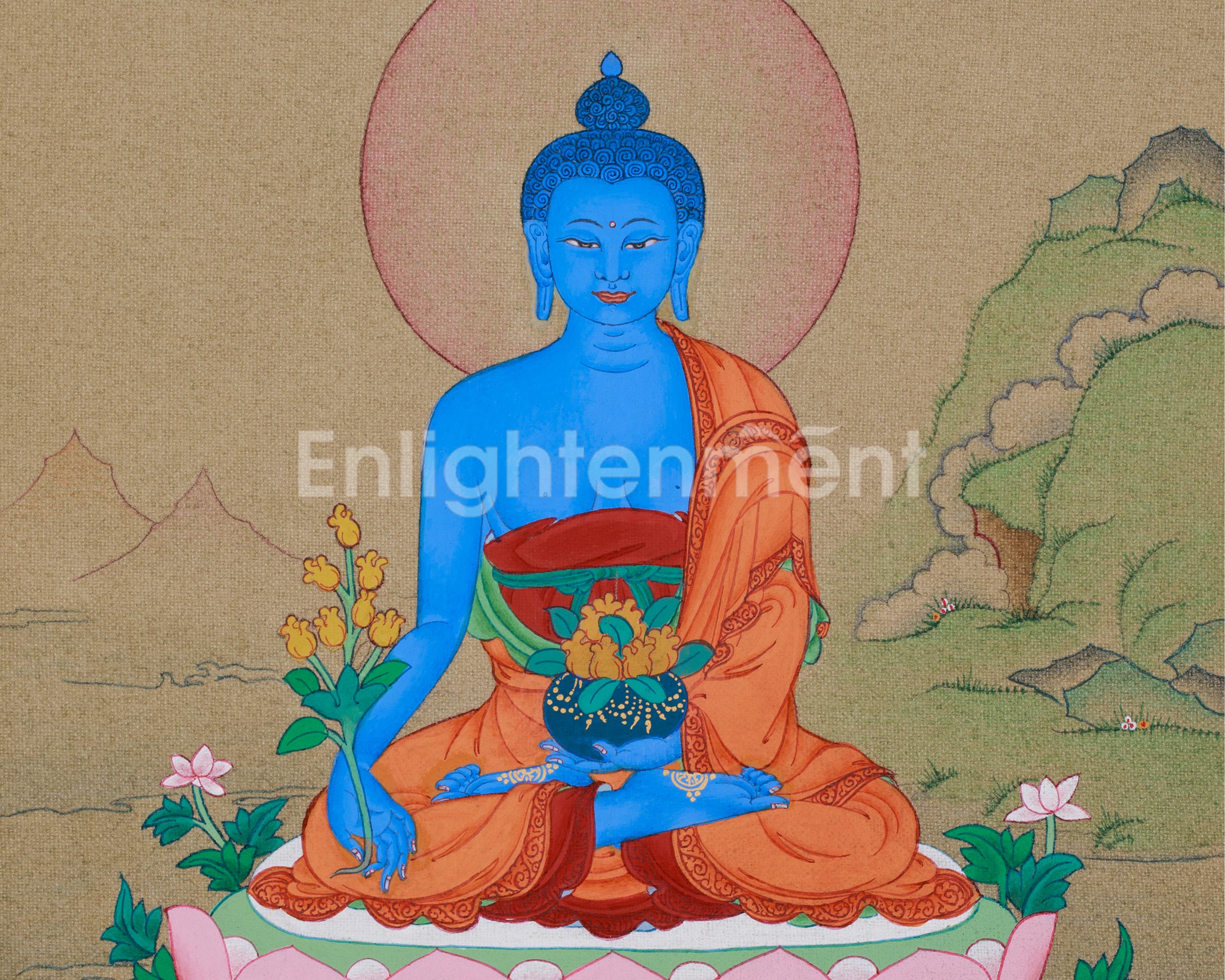 Hand-Painted Meditating Medicine Buddha Thangka | The Healing Buddha