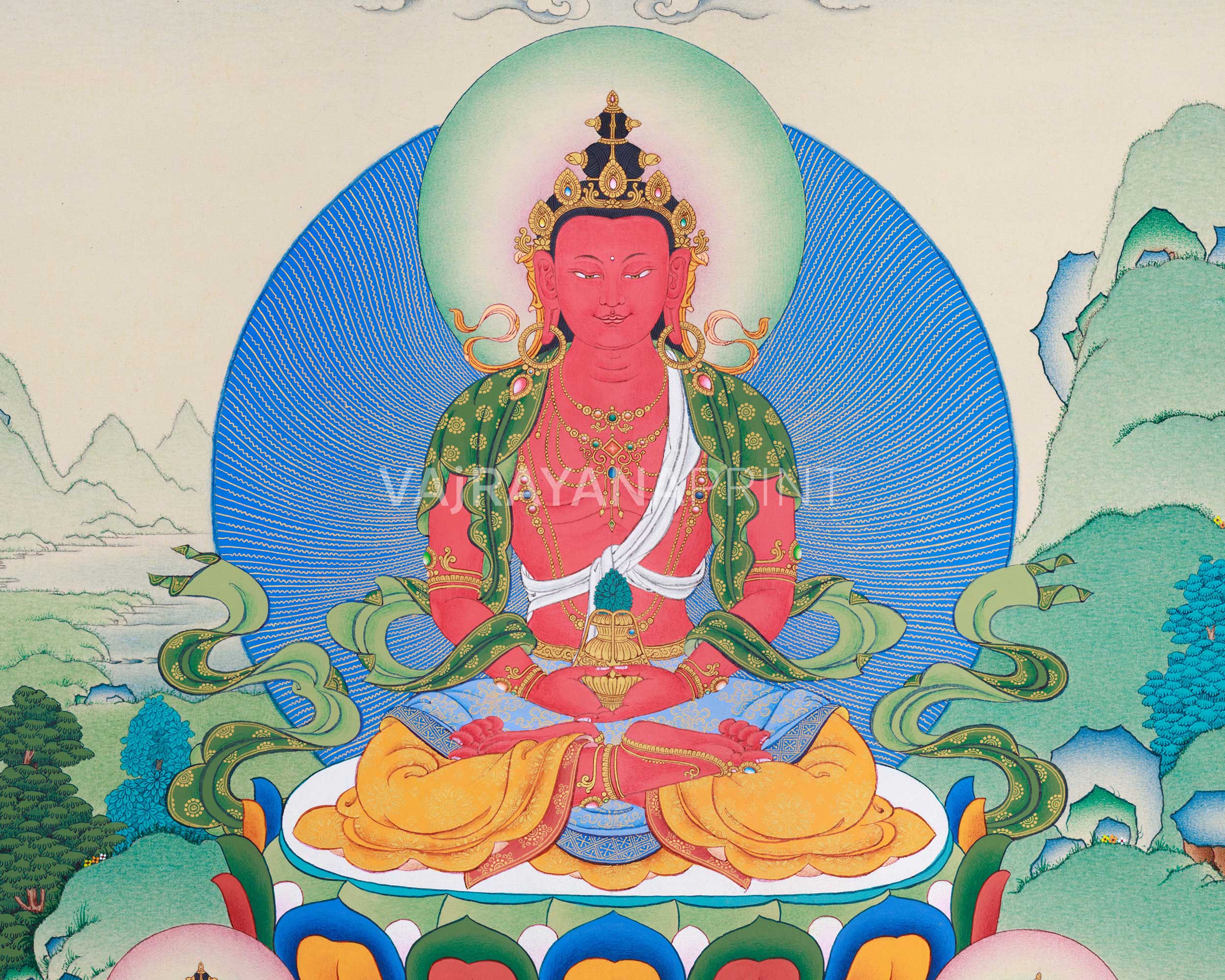 Traditional Amitayus Thangka Print | The Buddha of Boundless Life | Sacred Longevity Artwork