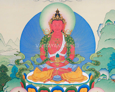 Traditional Amitayus Thangka Print | The Buddha of Boundless Life | Sacred Longevity Artwork