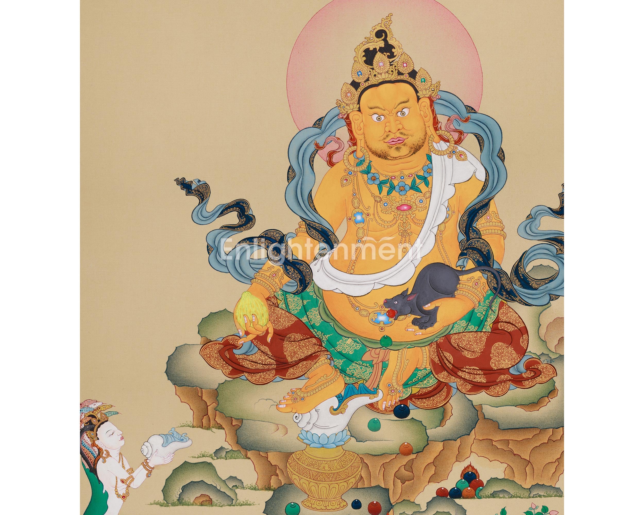 Yellow Dzambhala with Buddha Ratnasambhava Thangka | The Union of Wealth and Spiritual Enlightenment