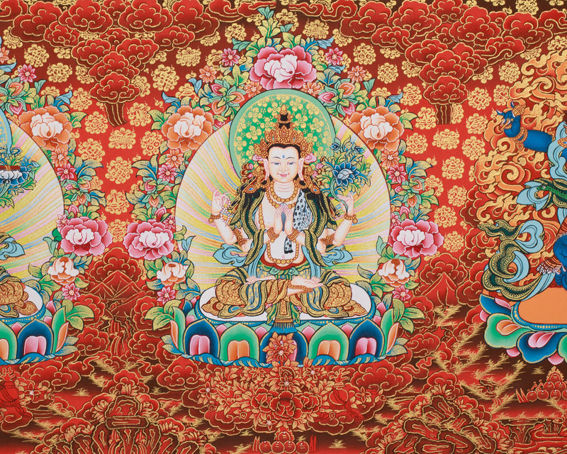 Three Bodhisattva Guardians Thangka | Chenrezig, Manjushri & Vajrapani