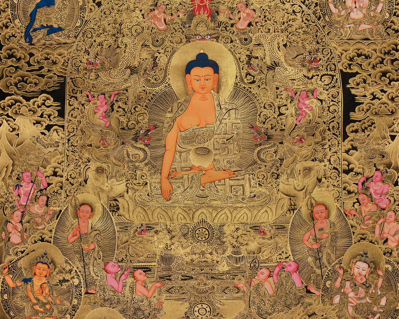 Opulent Gold Thangka of Historical Shakyamuni Buddha | The Awakened One in Elaborate Gold Throne