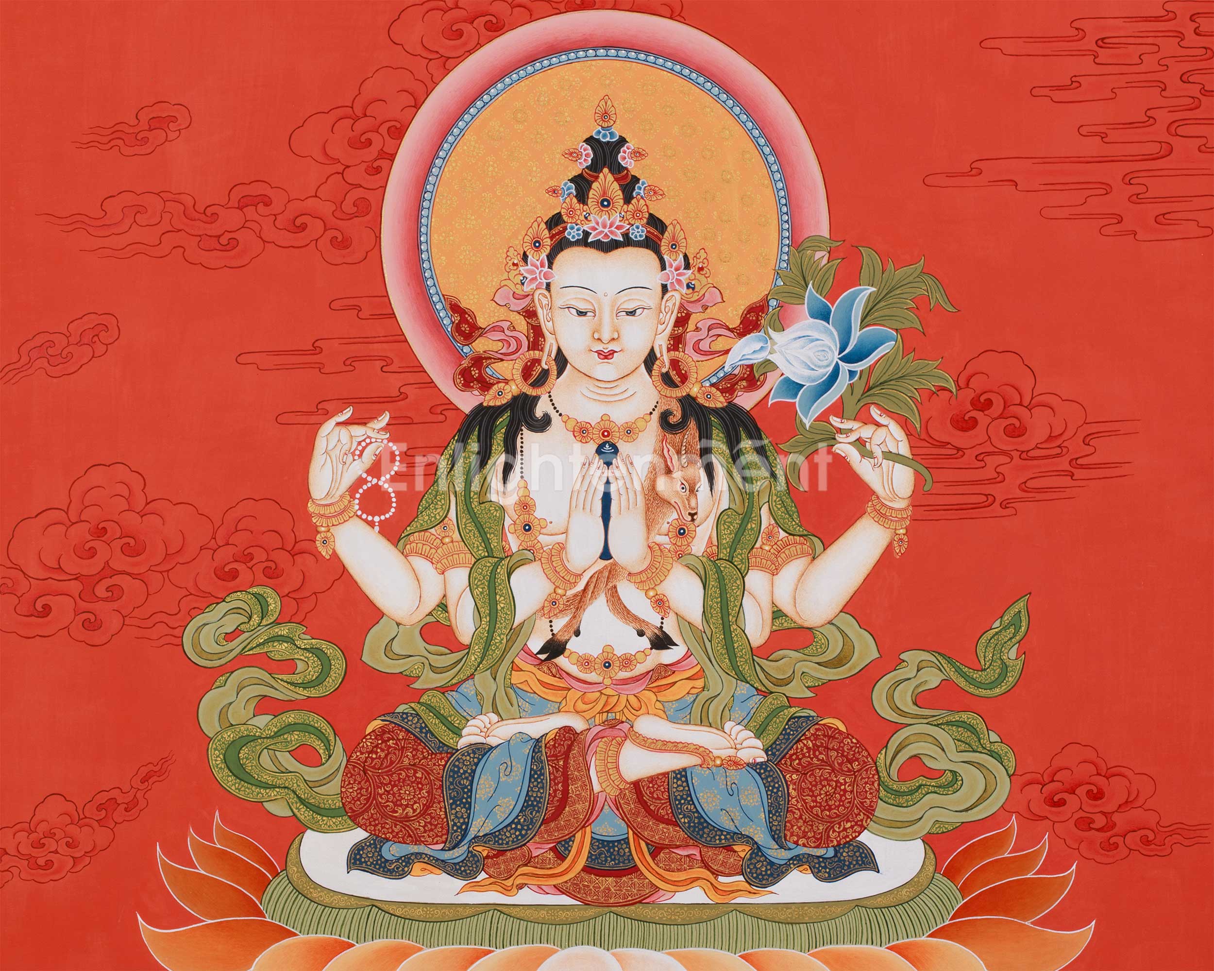 Thangka of Bodhisattva Chenrezig | Minimal Red Hues Artwok