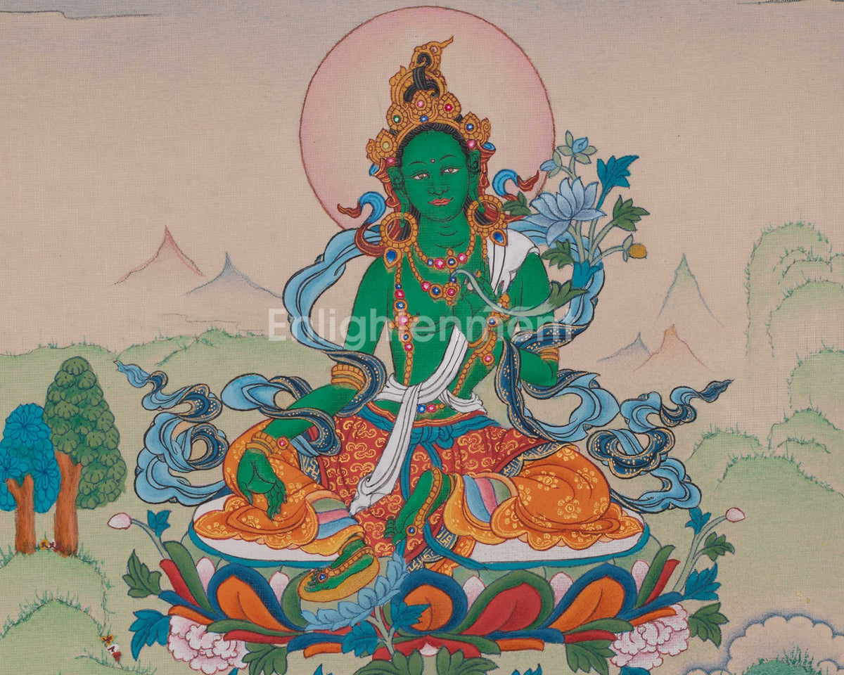 Green Tara Buddhist Deity Thangka | Shyama Tara | Sacred Art of Compassion and Liberation