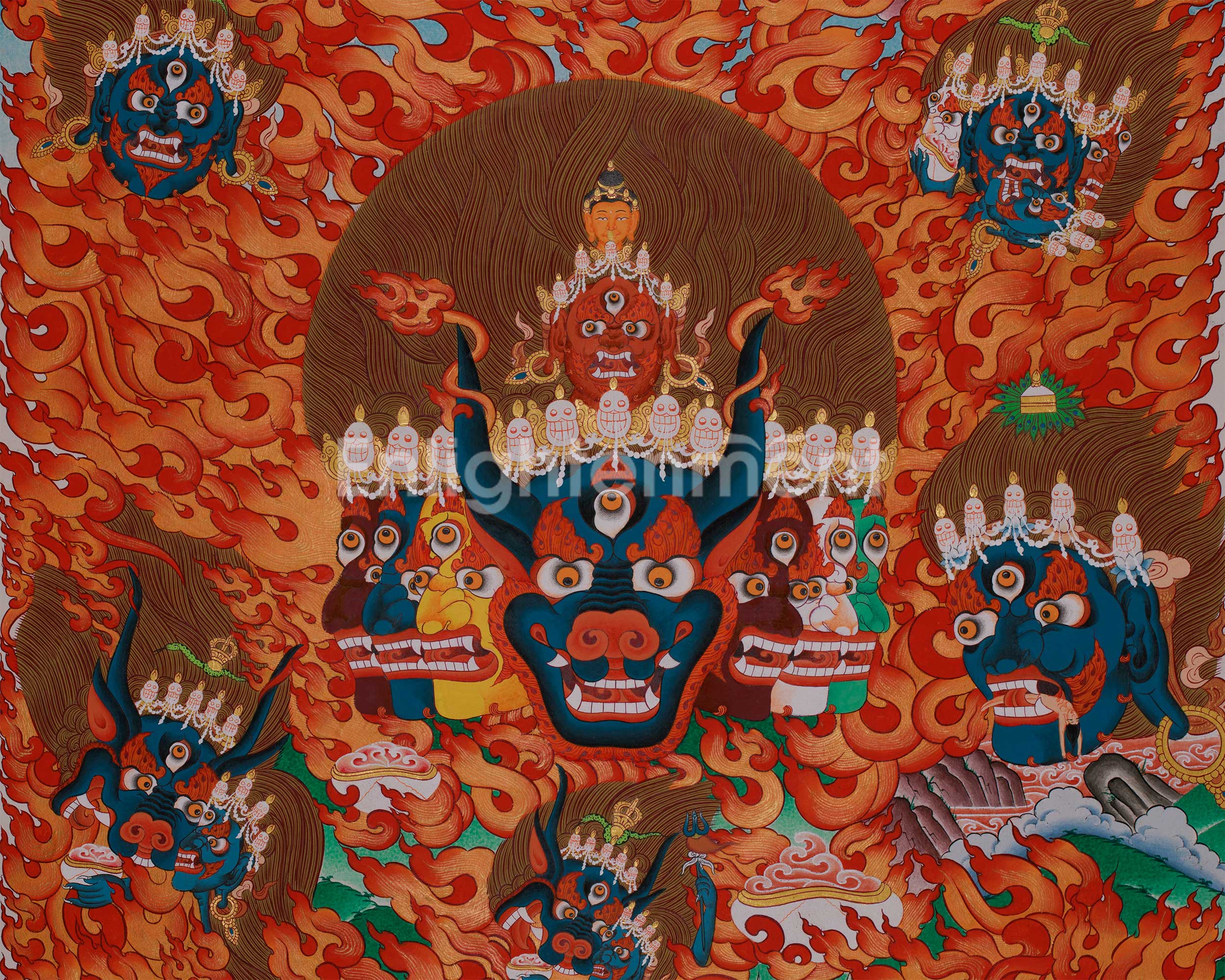 Yidam Yamantaka Head Thangka | Guardian Against Ignorance, Fear, and Spiritual Obstacles