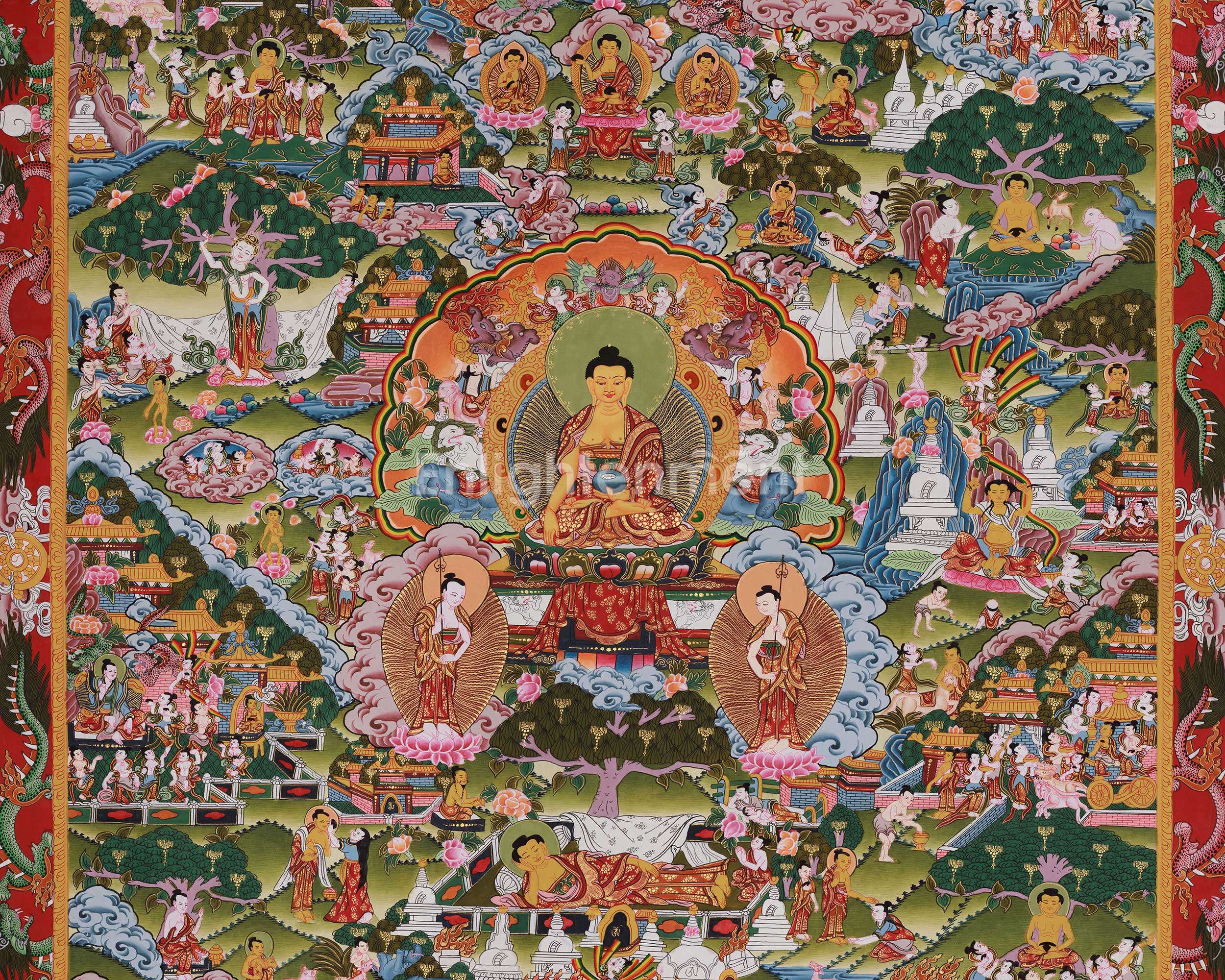 Historical Buddha Life Story Thangka | Traditional Artwork Depicting the Buddha’s Path to Enlightenment