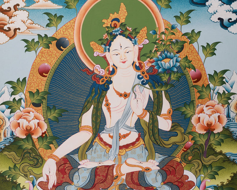 Mother Goddess Tara Thangka | Hand-Painted White Tara Artwork