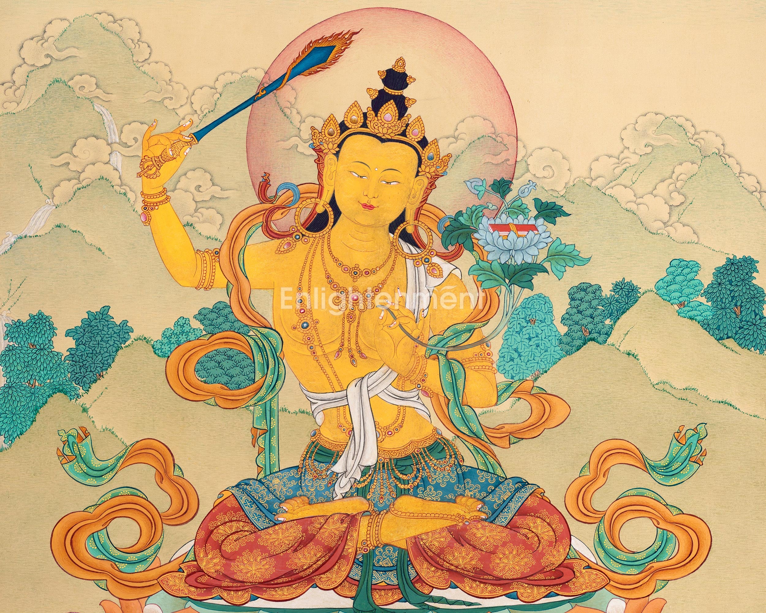 Buddha To Be, Manjushri Thangka | Bodhisattva Artwork for Home Decor | Vajrayana Buddhism