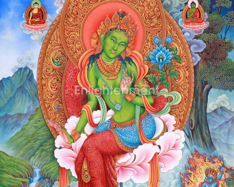 Green Tara Spiritual Thangka | Goddess of Healing | Hand-Painted Meditation Art