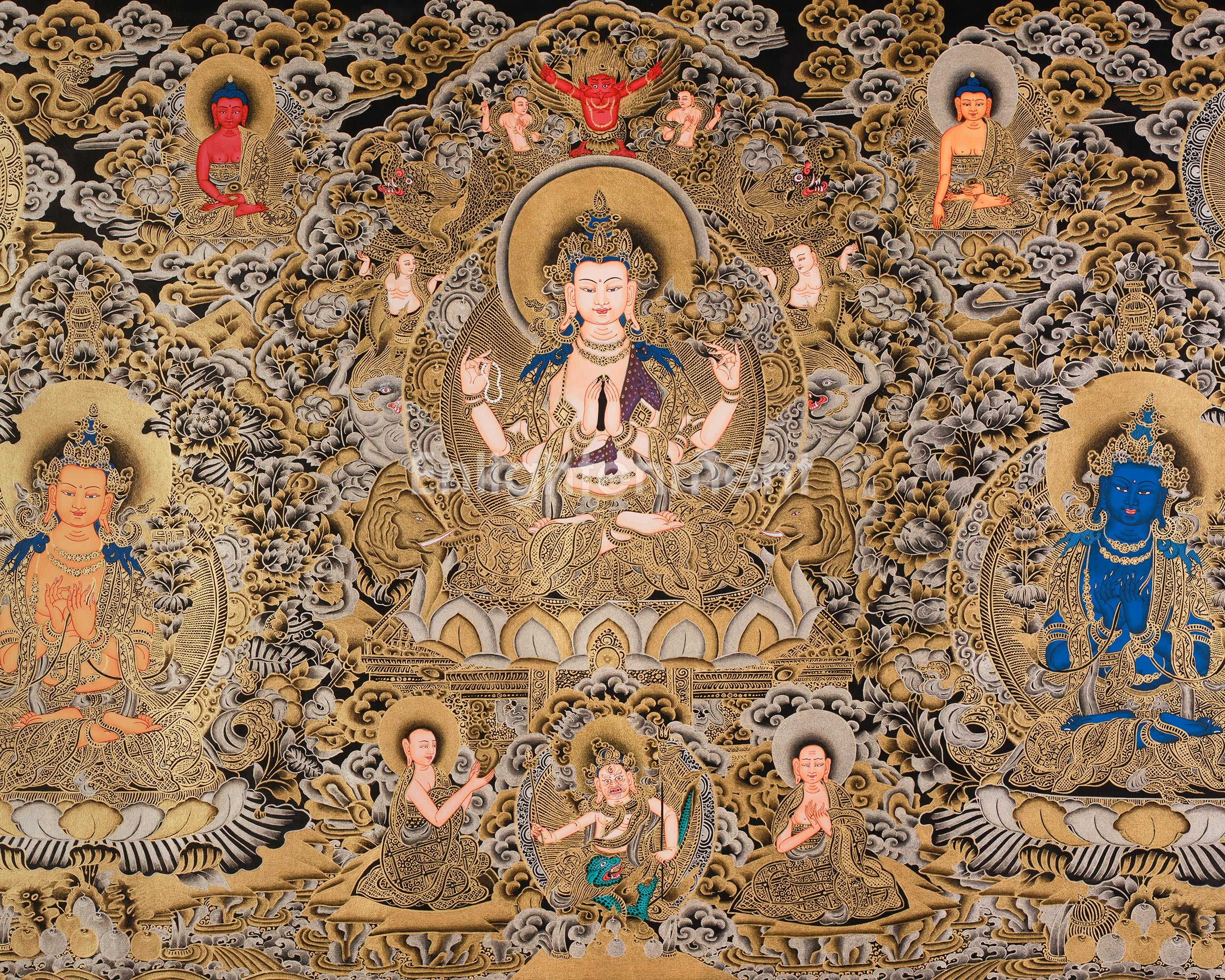 Rig Sum Gonpo | The Triad of Bodhisattvas Avalokiteshvara, Manjushri, and Vajrapani