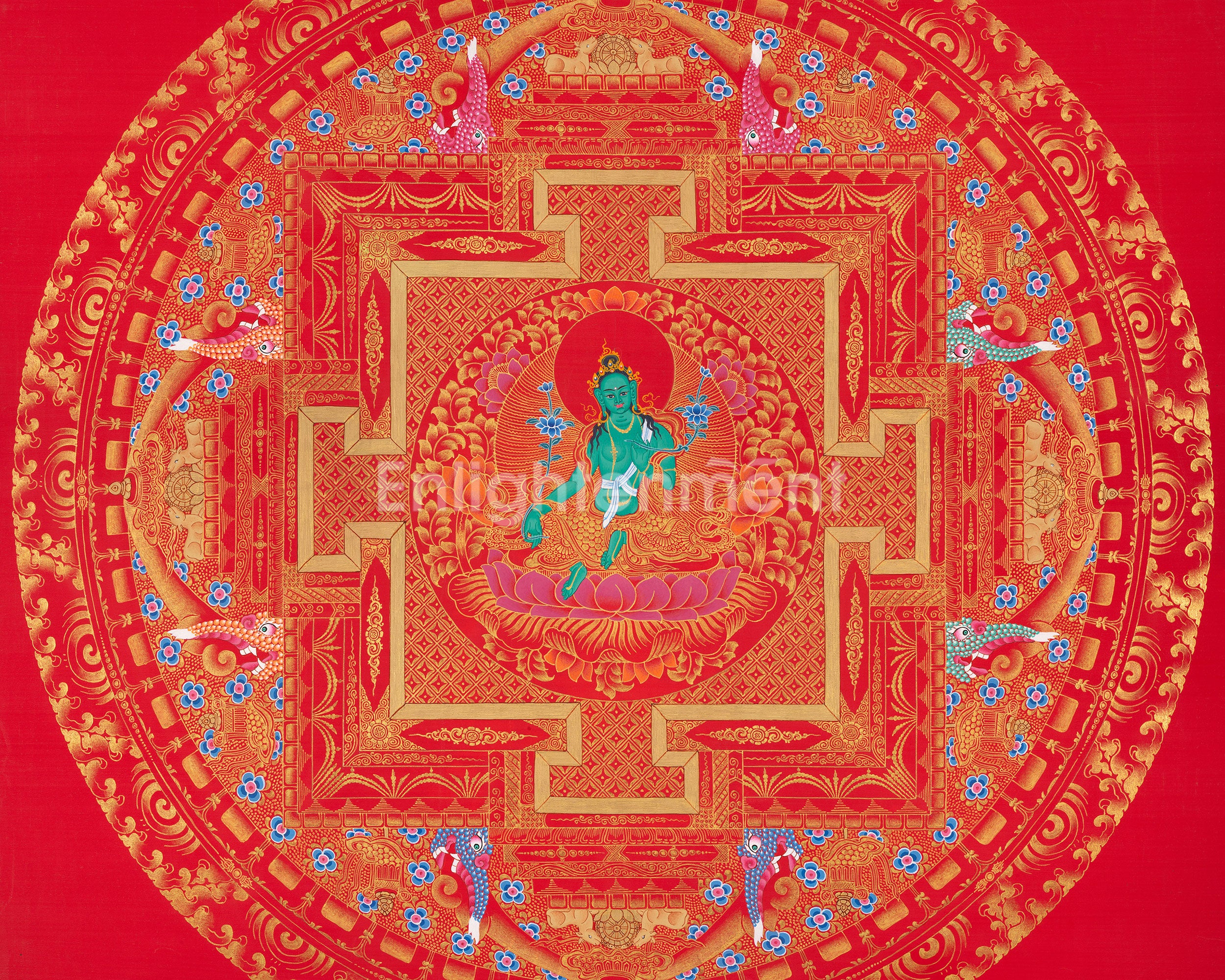 Goddess Green Tara Mandala Thangka | Healing Mandala Thangka | Perfect For Wall Decoration |