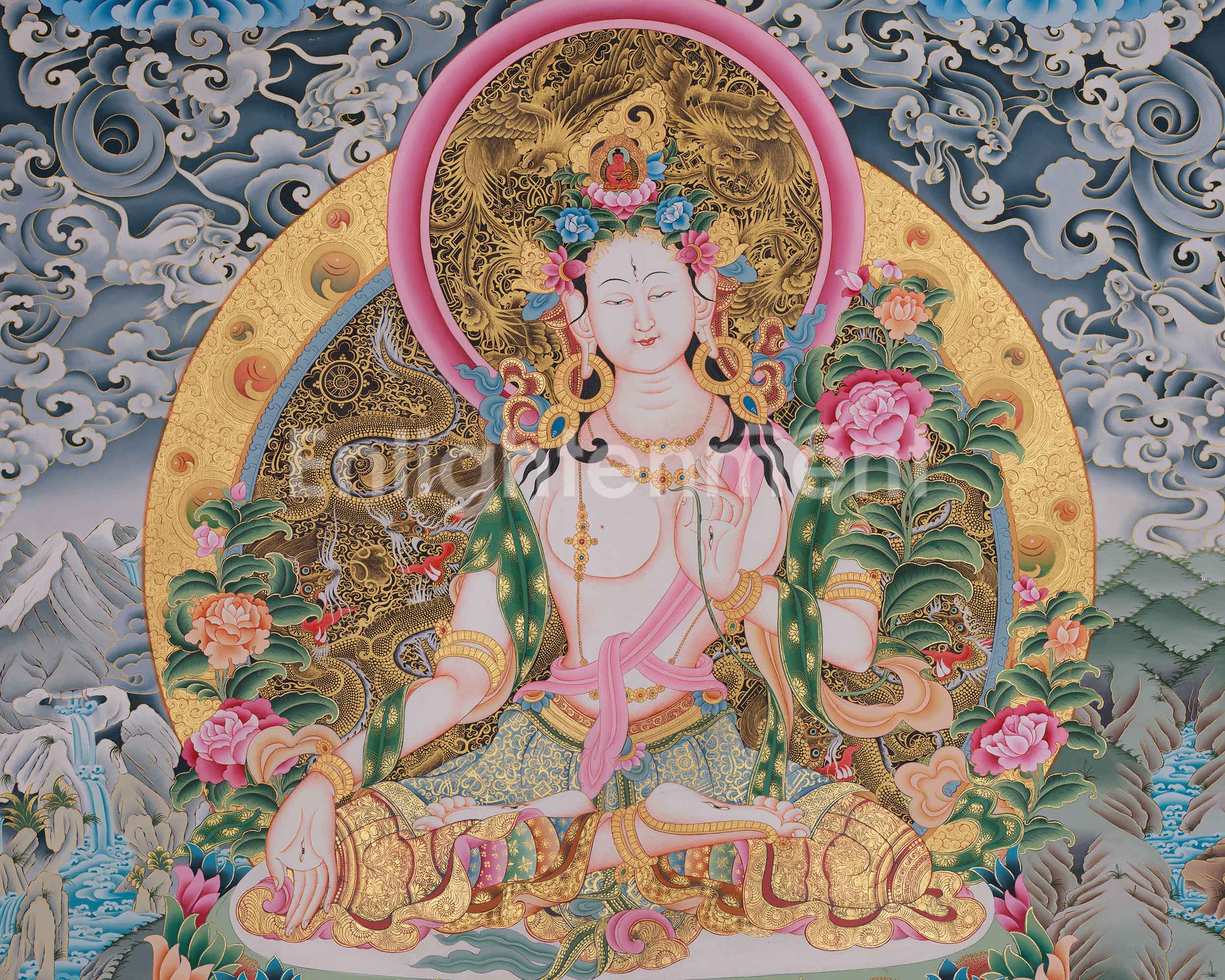 White Tara With Other Deities Thangka | Vajrayana Deity Shyama Tara