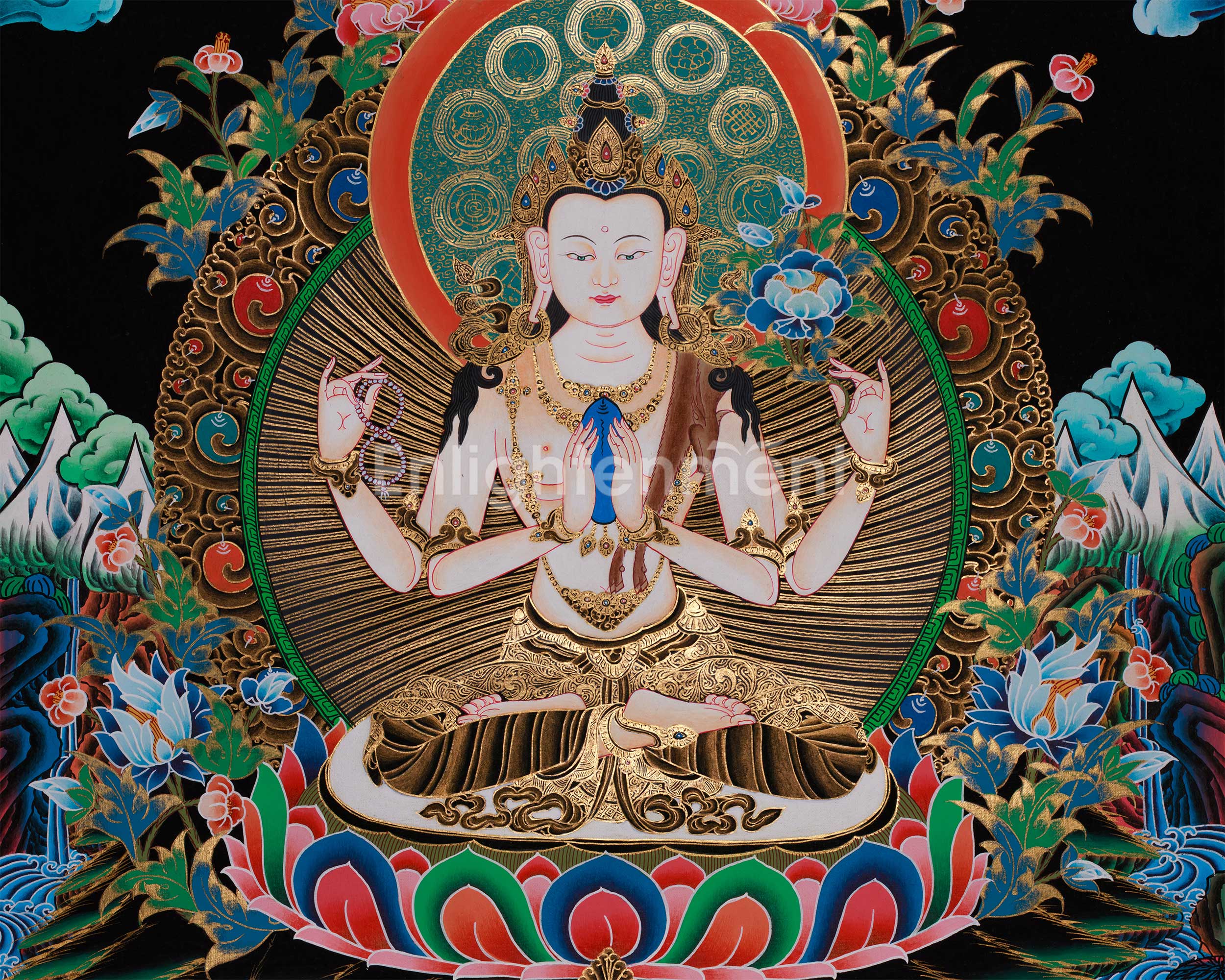 Four Armed Chenrezig Artwork |  Tibetan Thangka of the Bodhisattva of Compassion