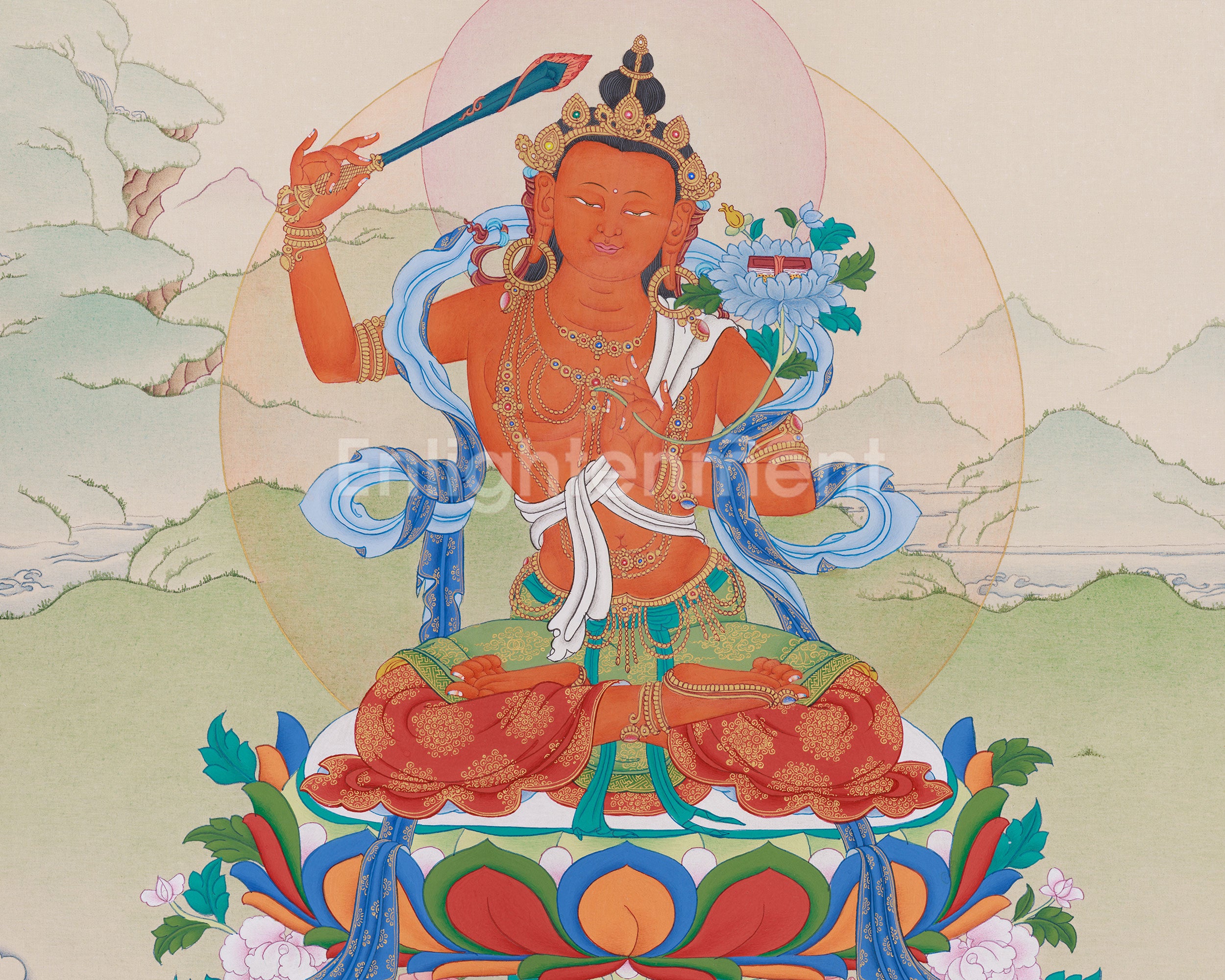 Tibetan Thangka of Flaming Sword Holder Manjushri | Divine Wisdom in Art