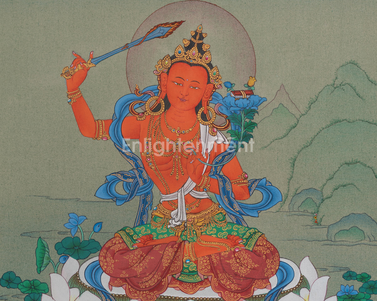Manjushri Spiritual Artwork | A Sacred Thangka of Knowledge and Enlightenment