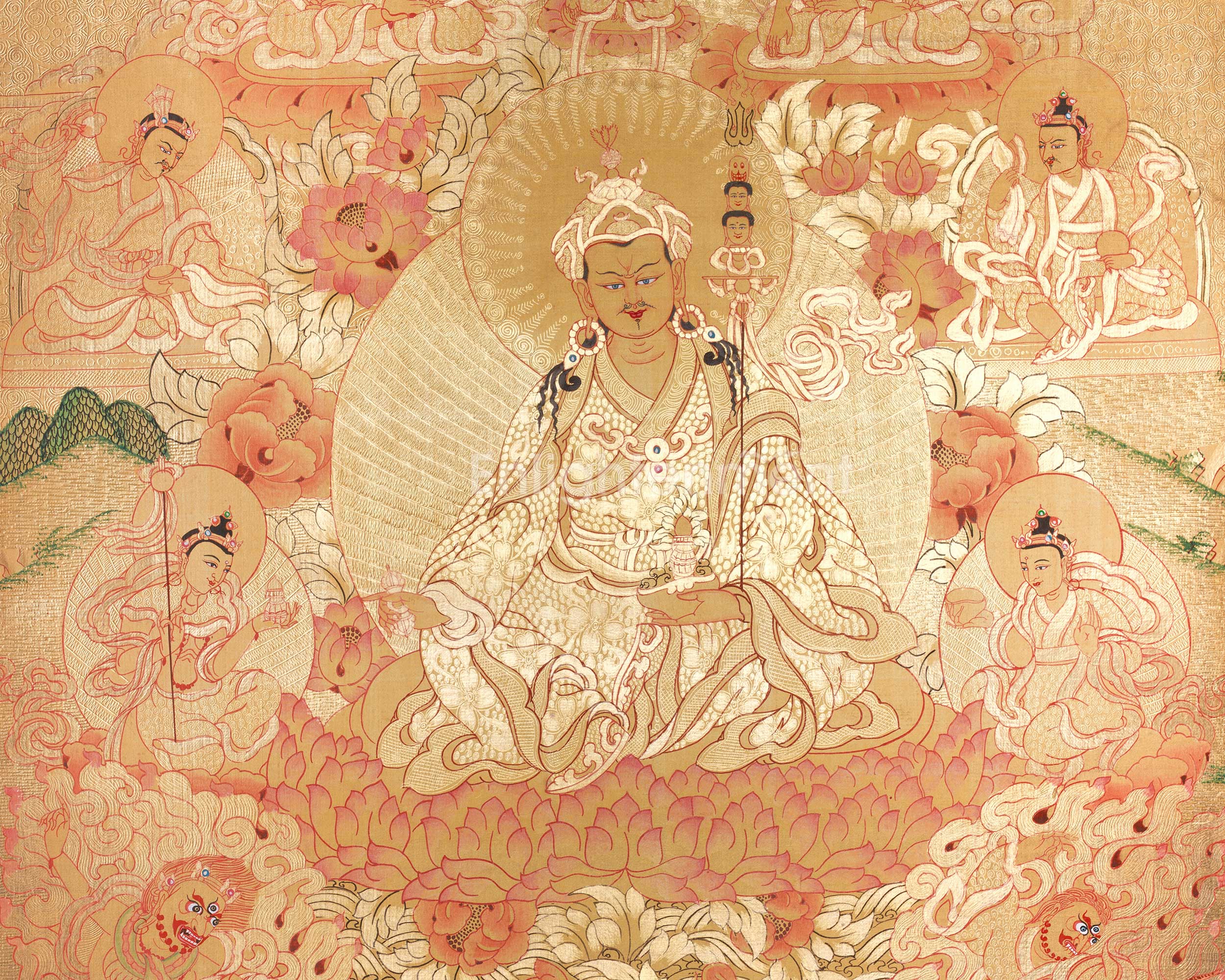 Padmasambhava Tibetan Master Thangka | A Sacred Representation of Guru Rinpoche with Other Divine Beings