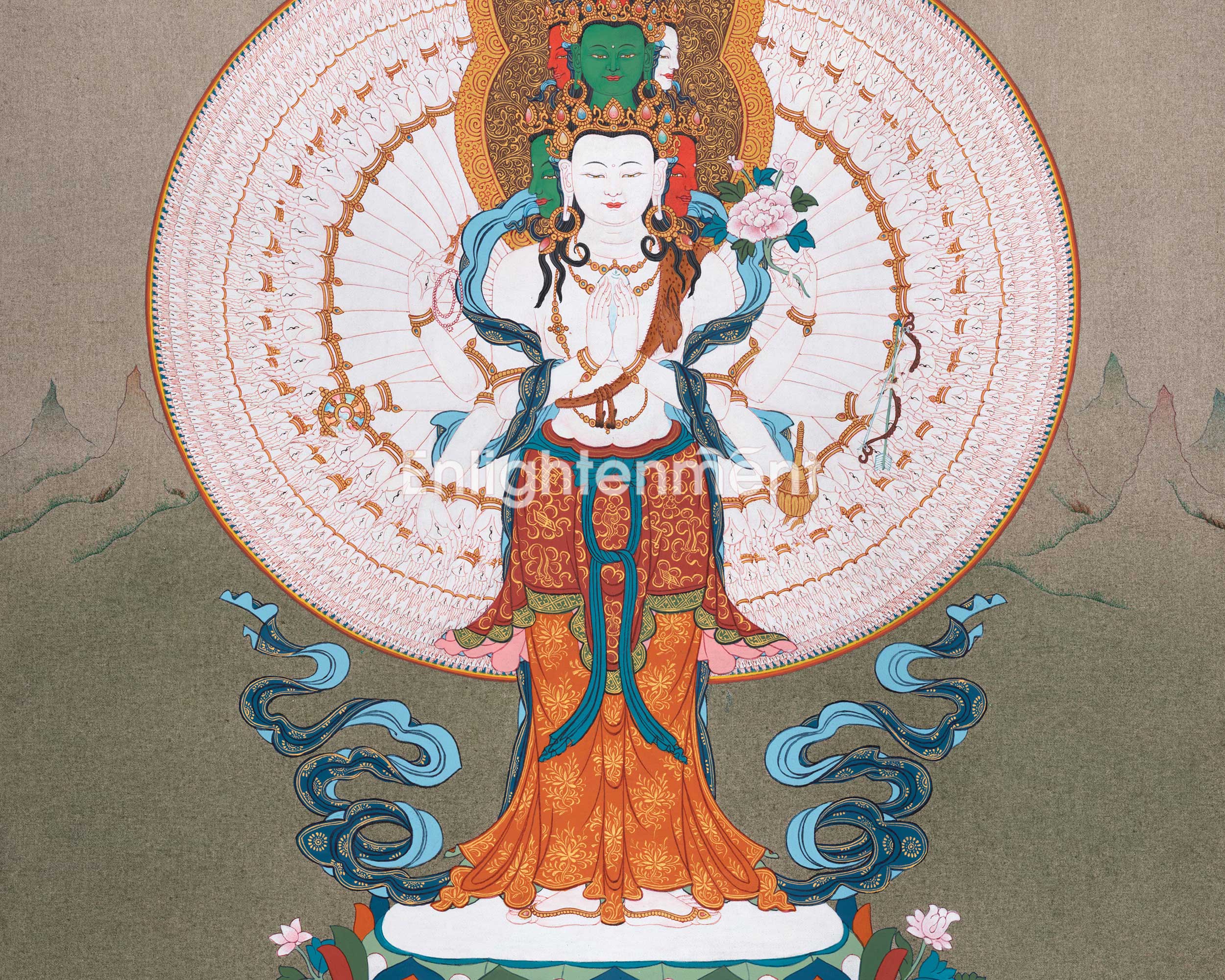 Divine Compassion Of Chenrezig | 1000-Armed Avalokiteshvara Thangka | Hand Painted Gifts