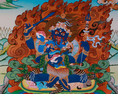Four Armed Mahakala Thangka With Consort | Wrathful Dharmapala Wall Art