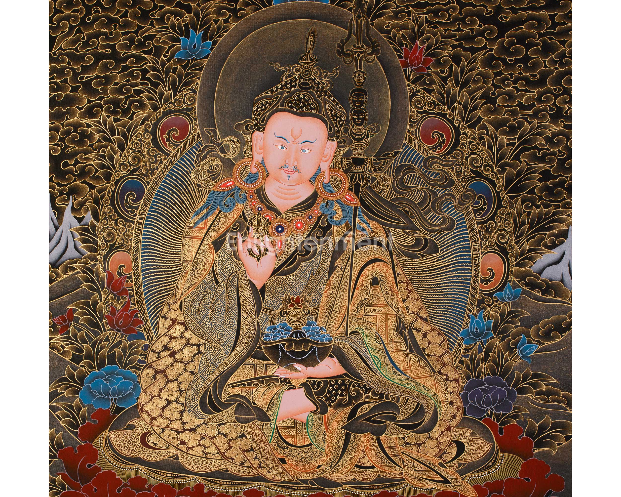 Guru Tsokyé Dorje Thangka | Masterful Gold Detailing on Black Canvas