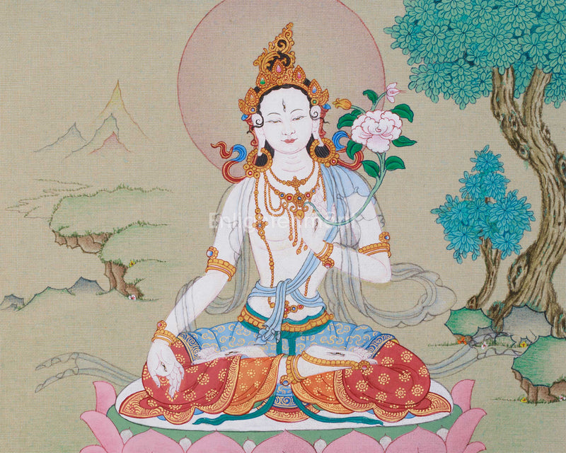 Mini White Tara Thangka | Hand-Painted with 24K Gold in Karma Gadri Style