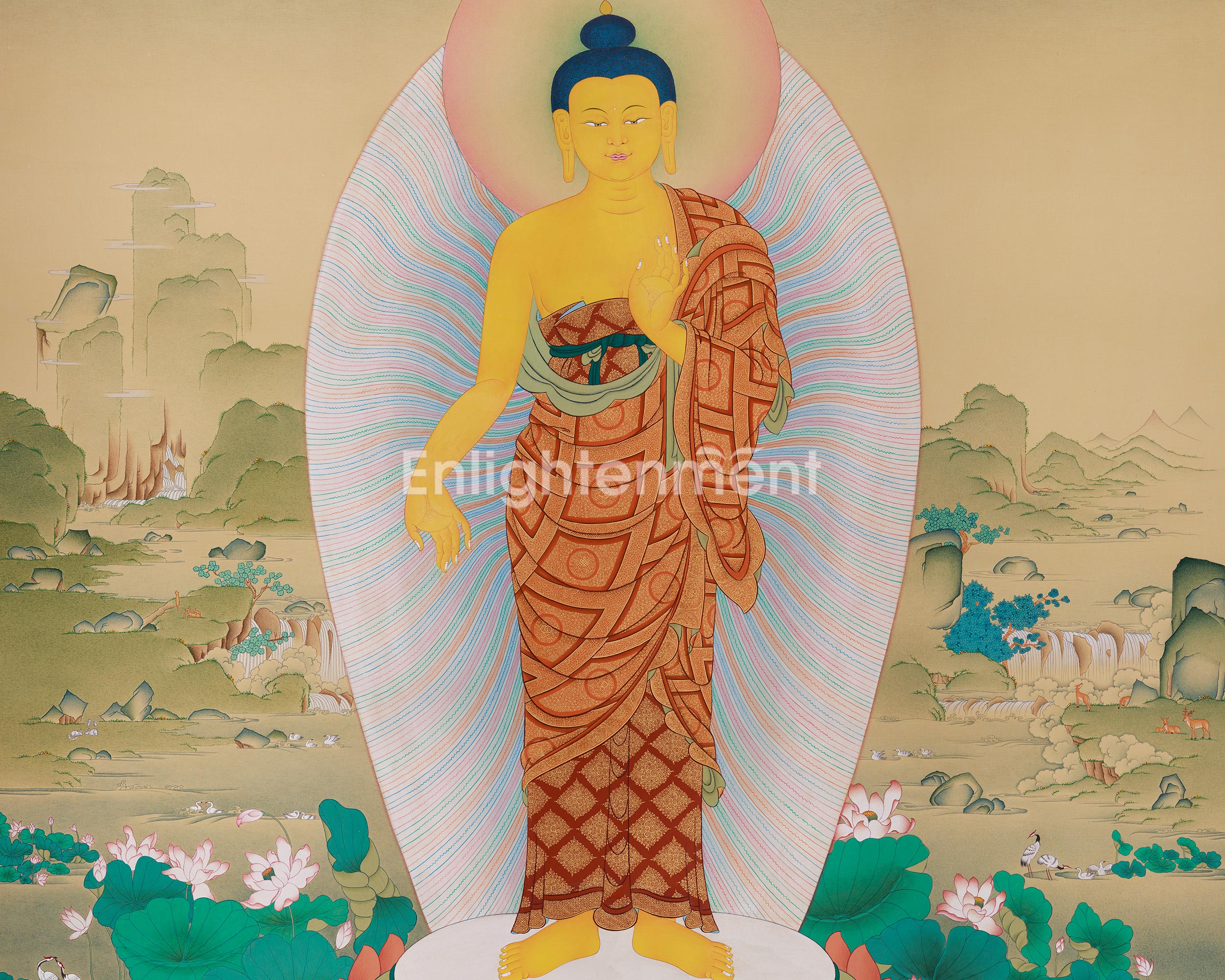 Standing Historical Buddha Shakyamuni Thangka | A Masterpiece of Serenity and Enlightenment