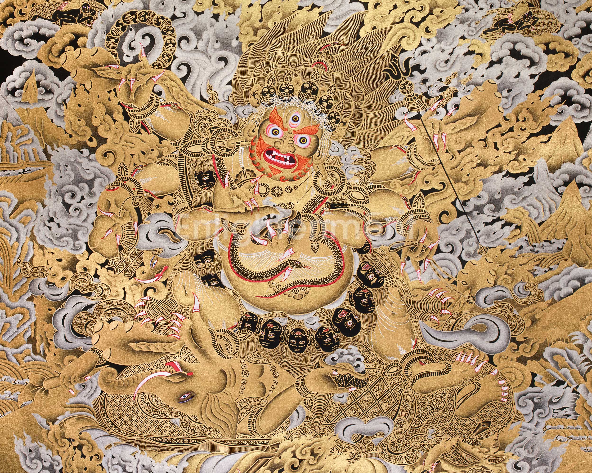 Majestic Gold & Silver Wrathful Six-Armed Mahakala Thangka | Protector of Dharma