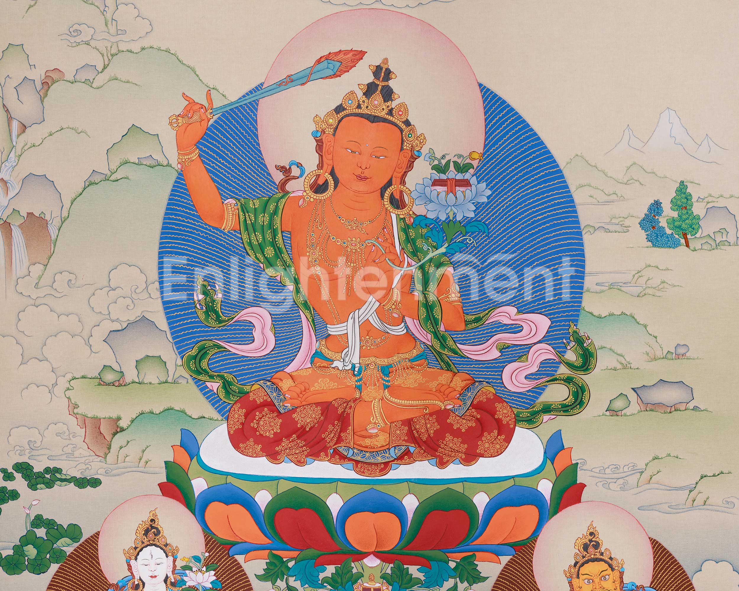 Sacred Manjushri, White Tara, and Dzambhala Thangka | Knowledge, Protection, and Prosperity