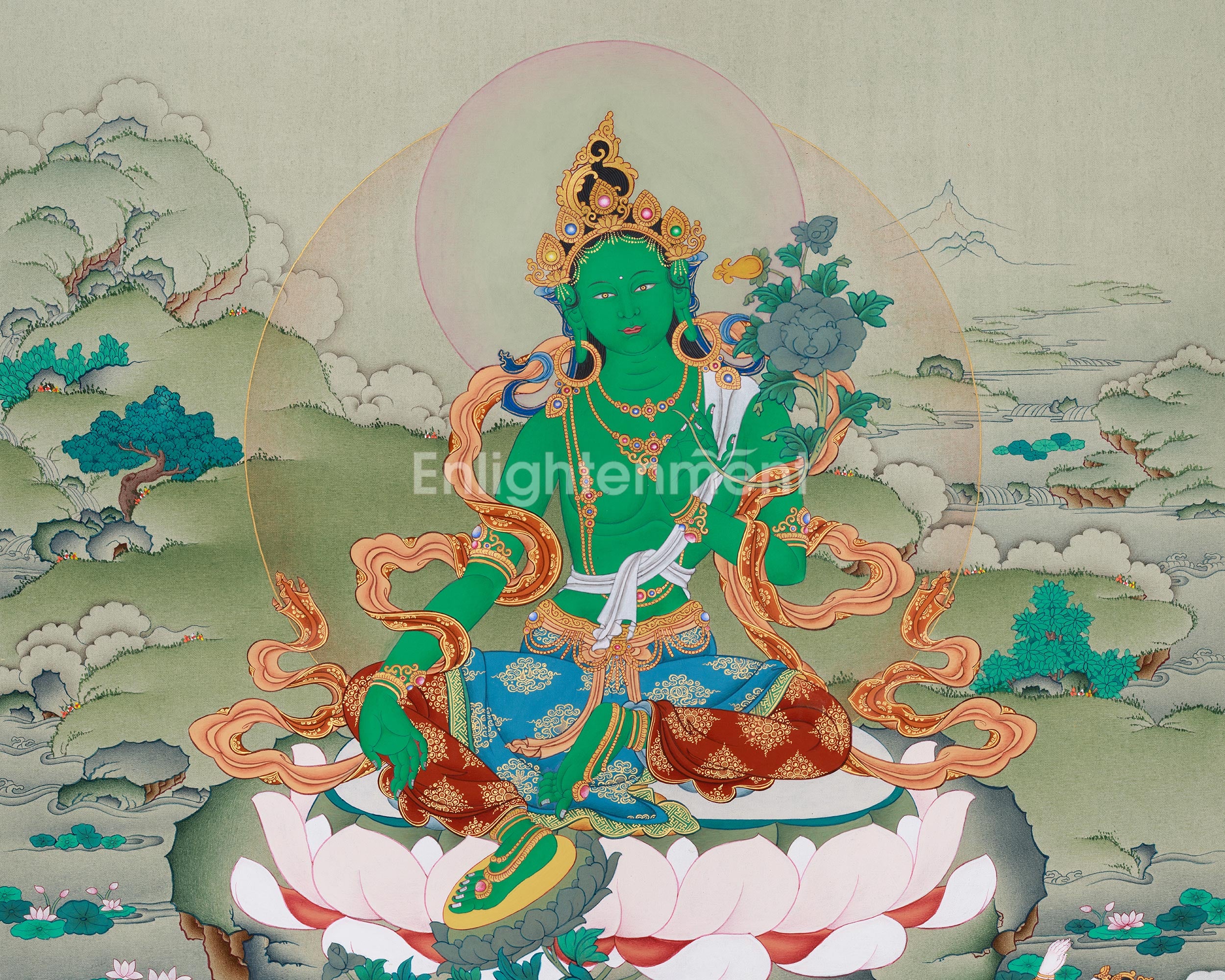 Original Female Bodhisattva Green Tara Painting | Divine Protector and Healer of All Beings