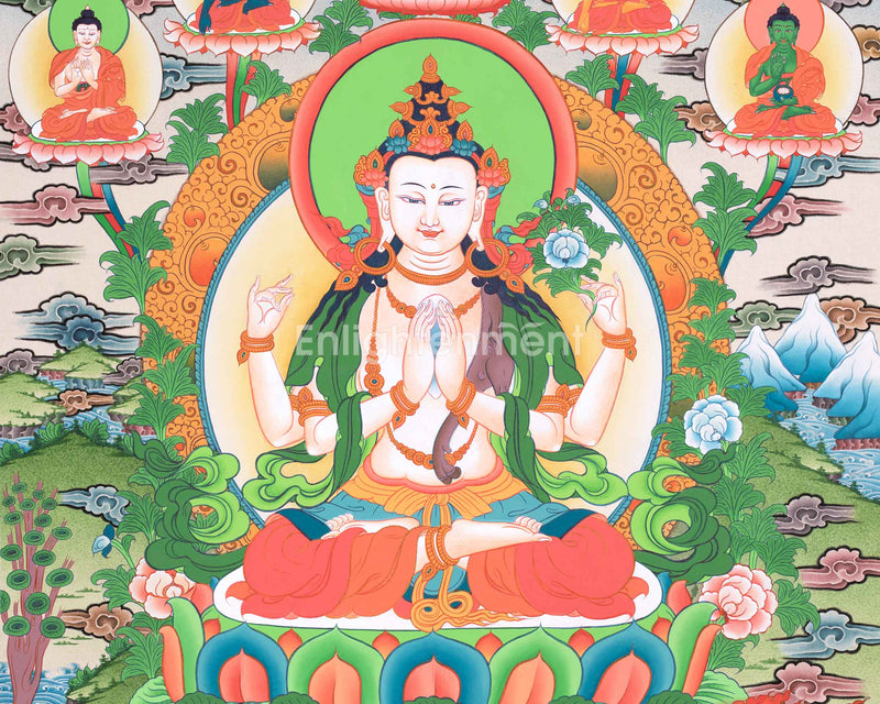 Tibetan Avalokiteshvara (Chenrezig) Art | Wisdom Bodhisattva | Dhyani Buddhas