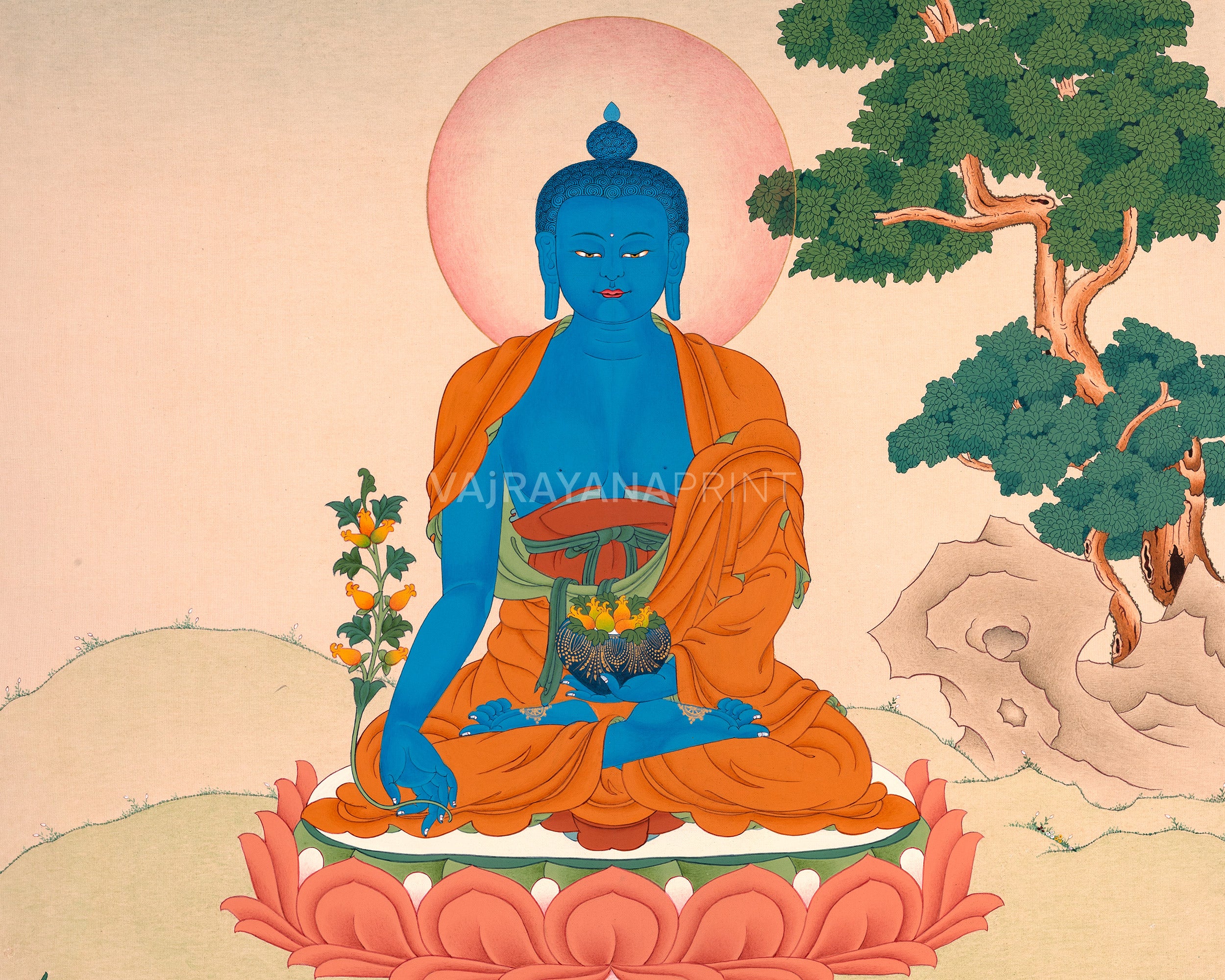 Buddhist Art: Lapis Lazuli Medicine Buddha Thangka Print for Meditation
