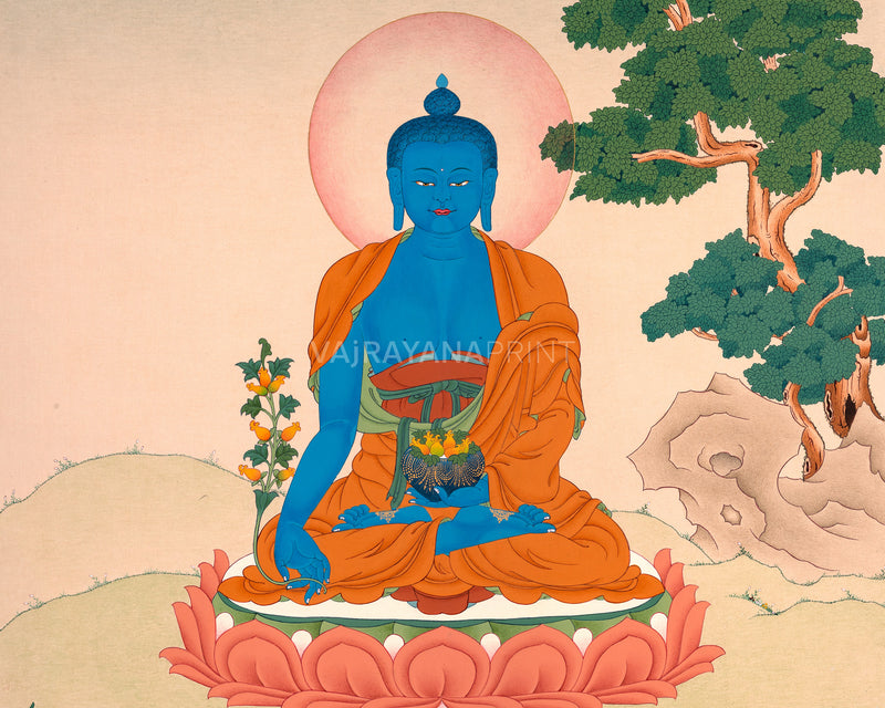 Buddhist Art: Lapis Lazuli Medicine Buddha Thangka Print for Meditation