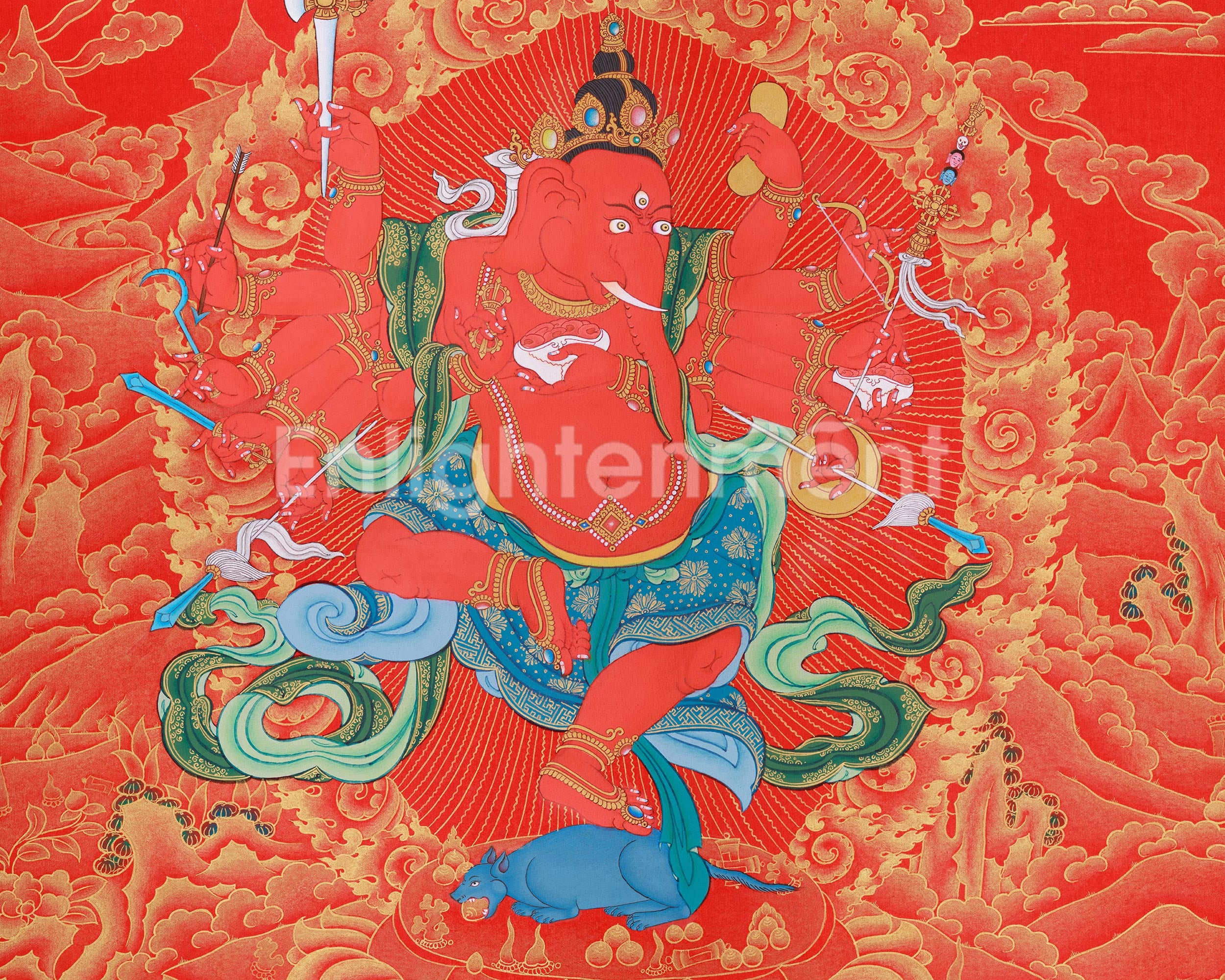 Lord Ganesha Thangka | The Remover of Obstacles | Nakthang (Gold on Red) Style