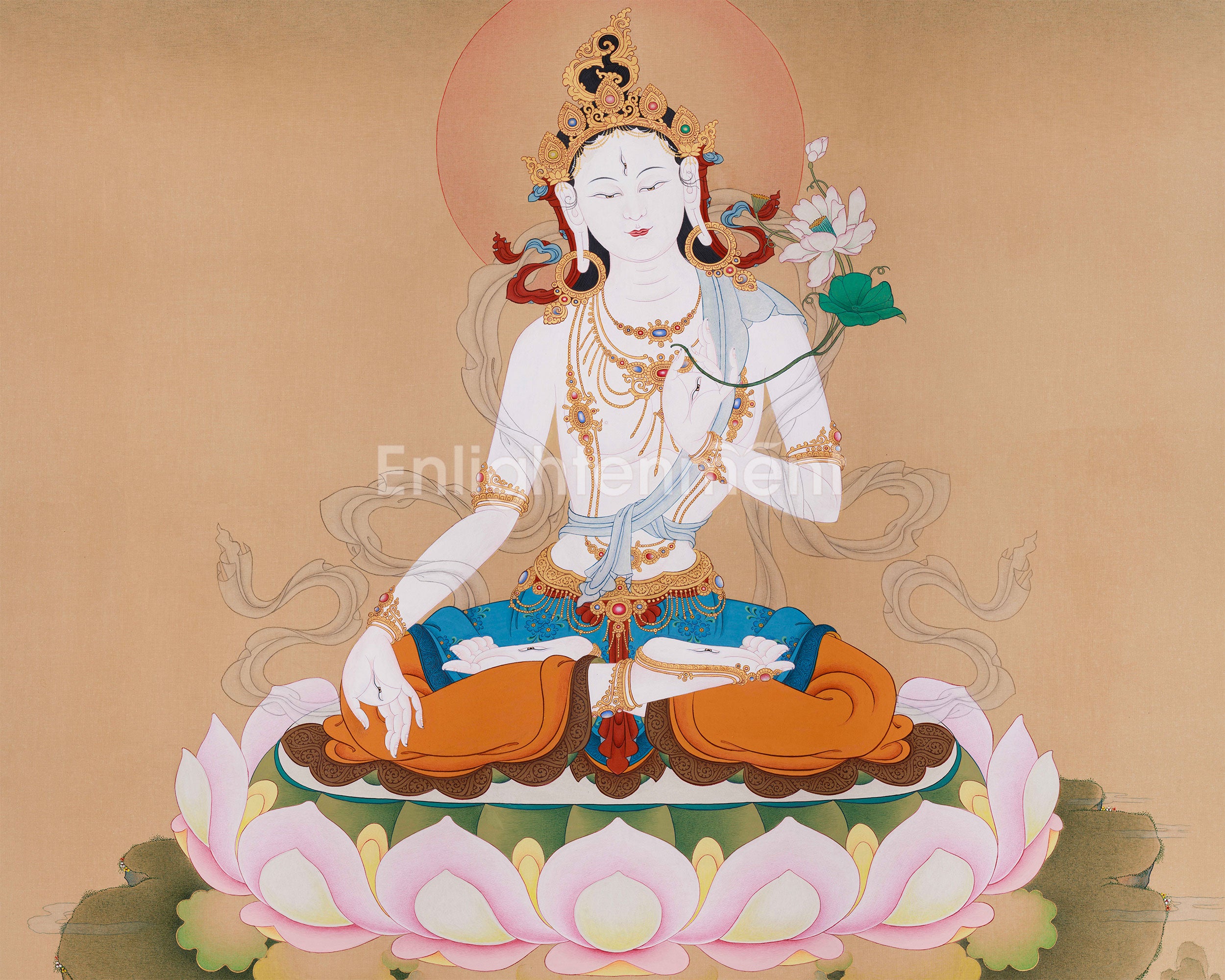 Original Tibetan Buddhist Goddess White Tara Painting | Graceful Deity with Lotus Blossom
