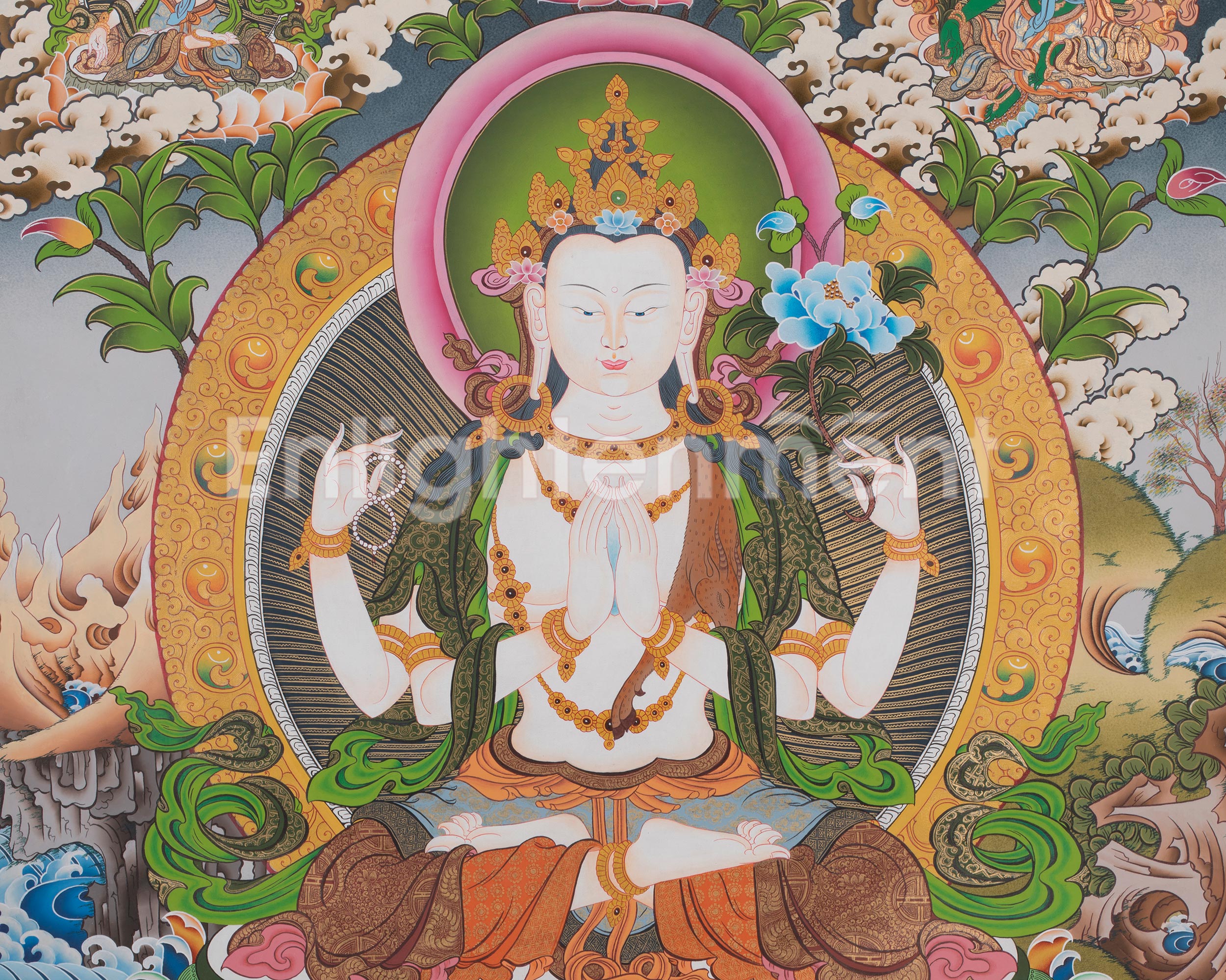 Large Size 4 Armed Chenrezig Thangka Painting with White Tara, Green Tara