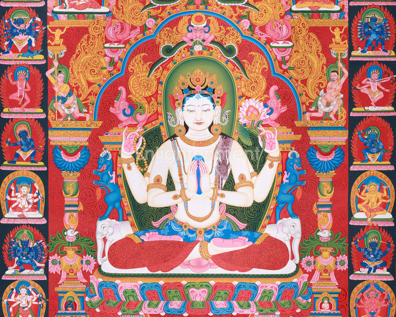 Tibetan Avalokitesvara, Chenrezig Thangka | Enlightened Bodhisattva | Paubha Art