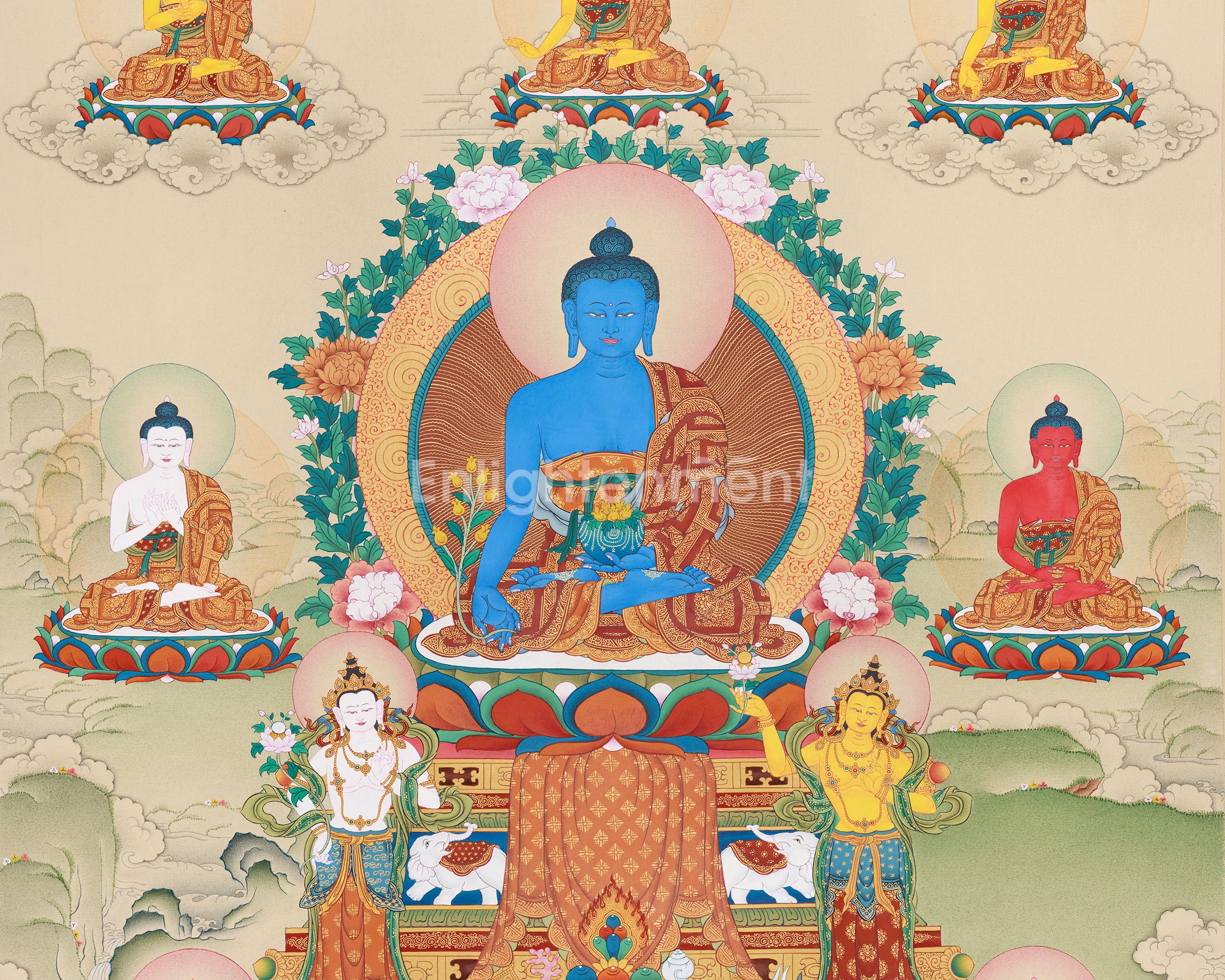Large 20 x 30 Inch Eight Healing Buddhas Thangka | The Deities Who Bless with Health and Spiritual Power