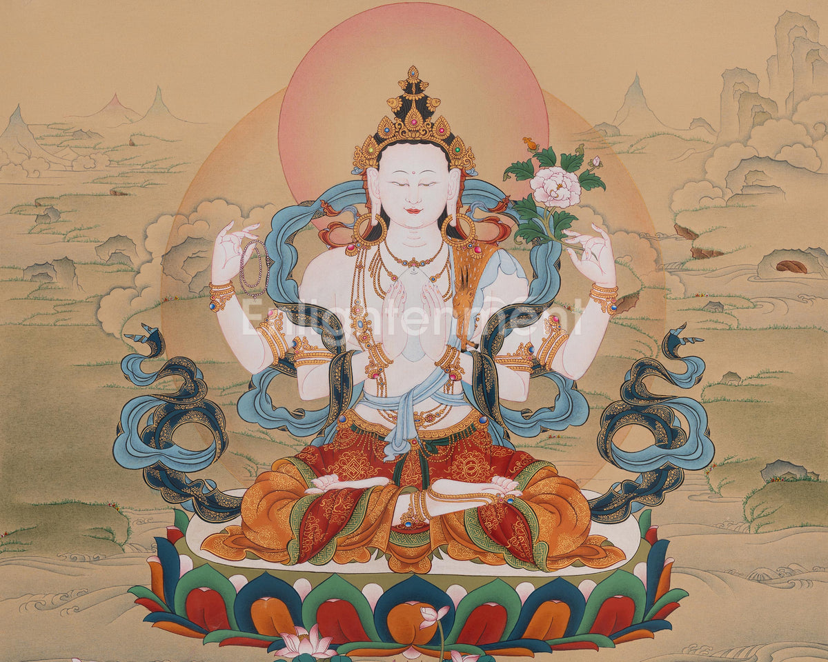 Chenrezig Compassionate Deity Thangka | Avalokiteshvara Art | Vajrayana Buddhism Artwork
