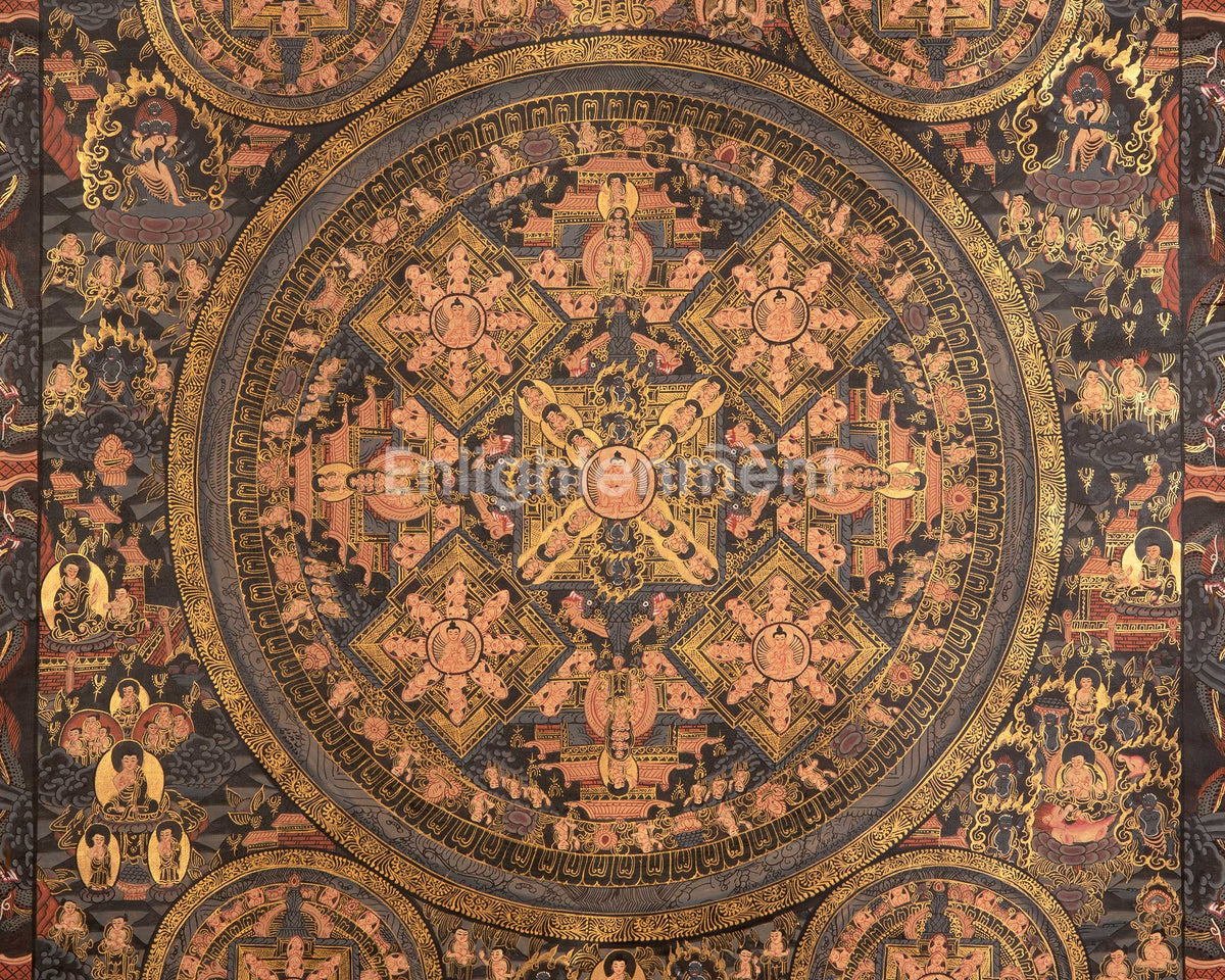 Dark Pancha Mandala With Brocade | Wall Decoration Painting