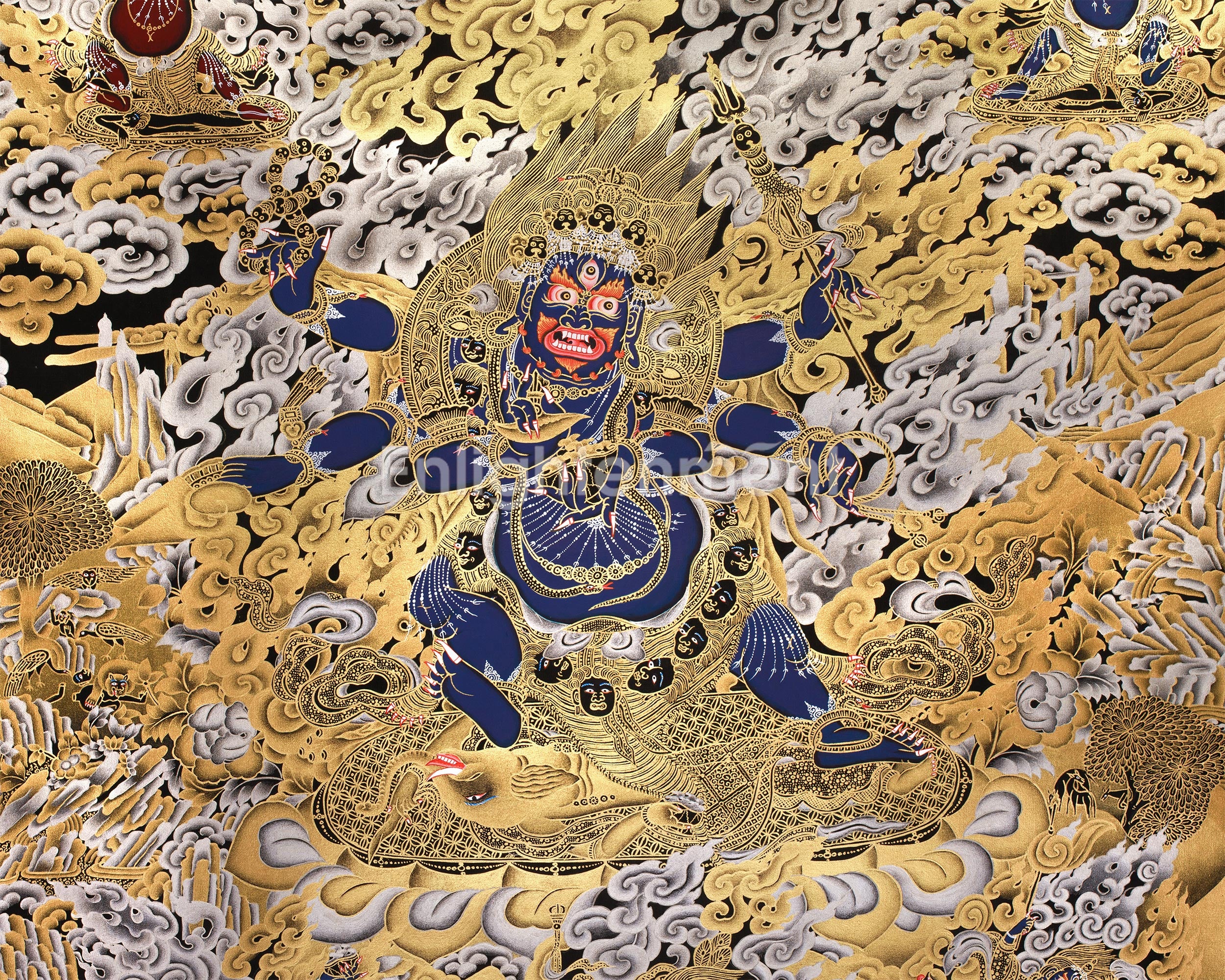 Wrathful Mahakala with Dharma Protectors | Divine Guardian Thangka | Gold and Silver on Black Canvas