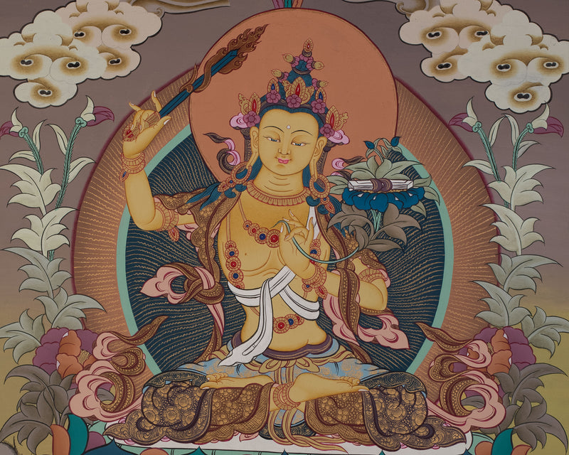 Manjushri Thanka | Tibetan Bodhisattva with Flaming Sword of Wisdom