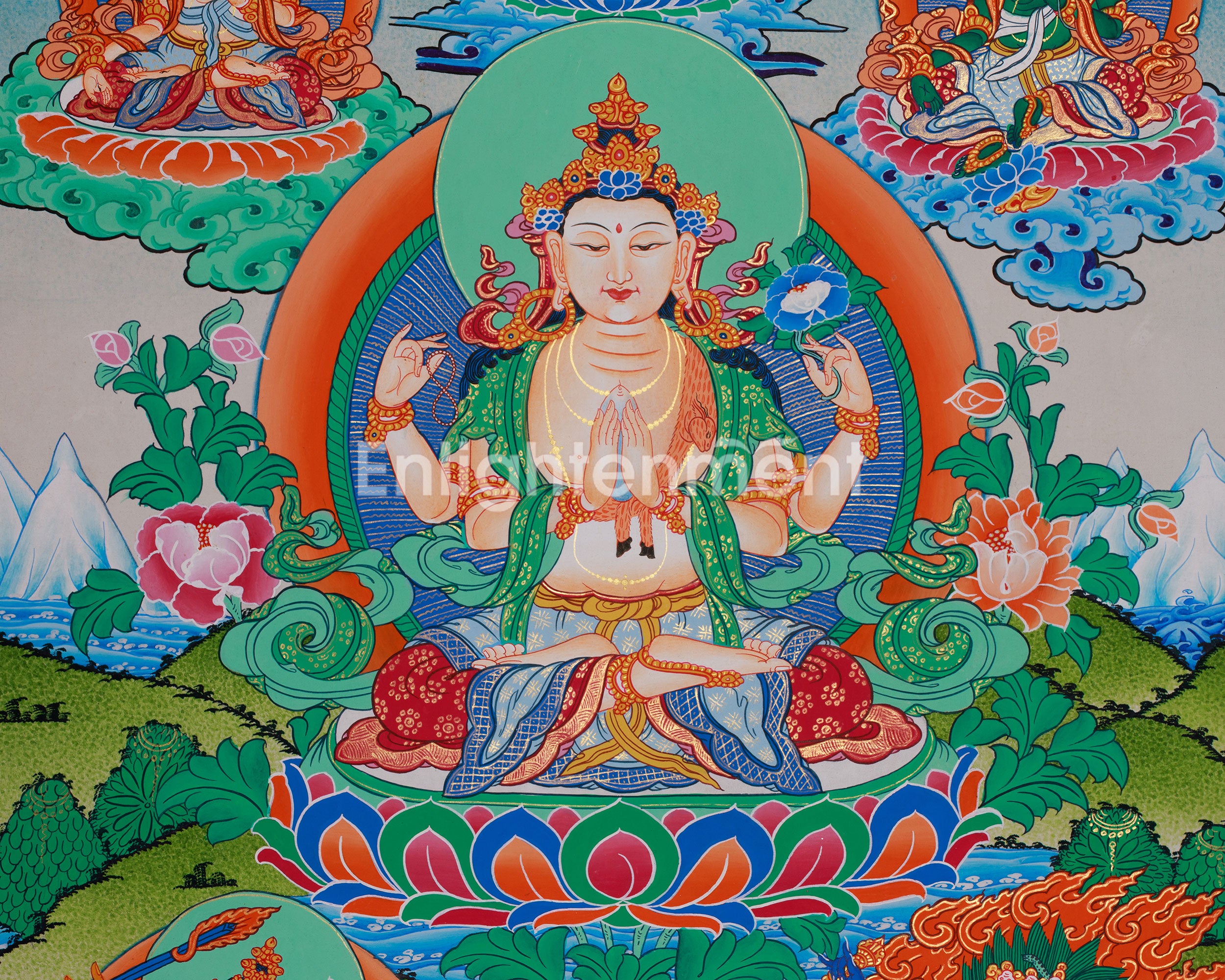 Avalokiteshvara Thangka with Buddhas and Bodhisattvas | Hand-Painted Himalayan Art
