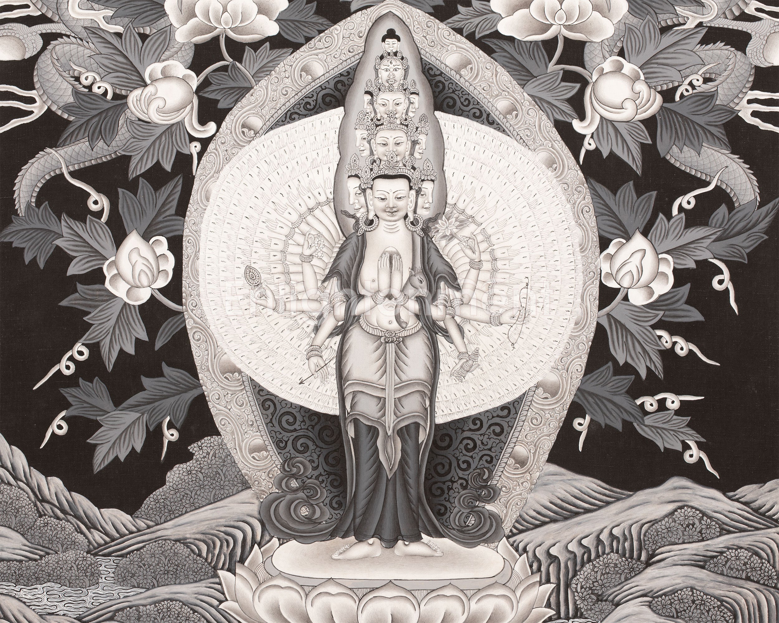 Avalokiteshvara Thangka flanked by Green and White Tara | Original Hand Painted Black & White Newari Style Bodhisattva Thangka