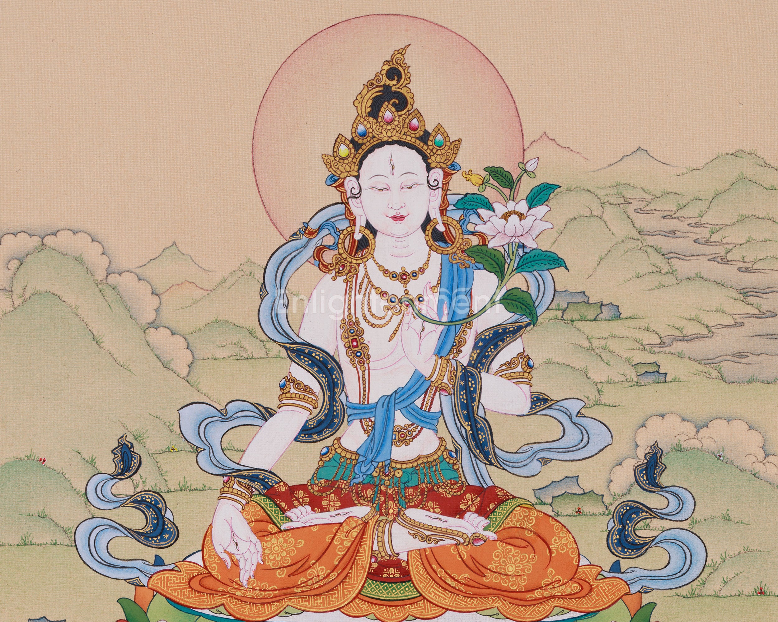White Tara Buddhist Art | Seven-Eyed Goddess of Healing | 24K Gold & Natural Stone Colors