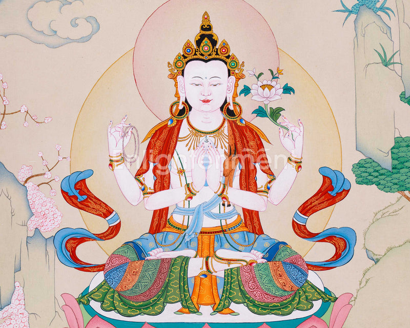 Hand-painted Four-Armed Chenrezig Thangka | Avalokiteshvara Bodhisattva Art