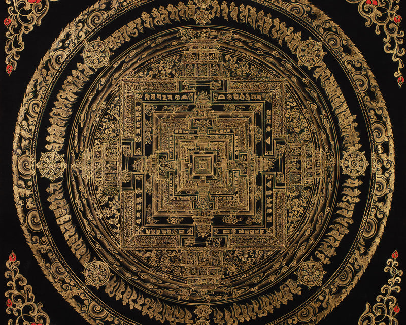 Hand-Painted Gold and Black Kalachakra Mandala | Sacred Wheel of Time Painting