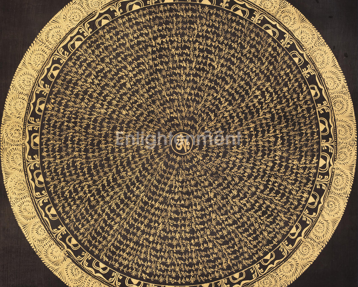 Tibetan Thangka of Mantra Mandala | Sacred Gold-on-Black Buddhist Artwork