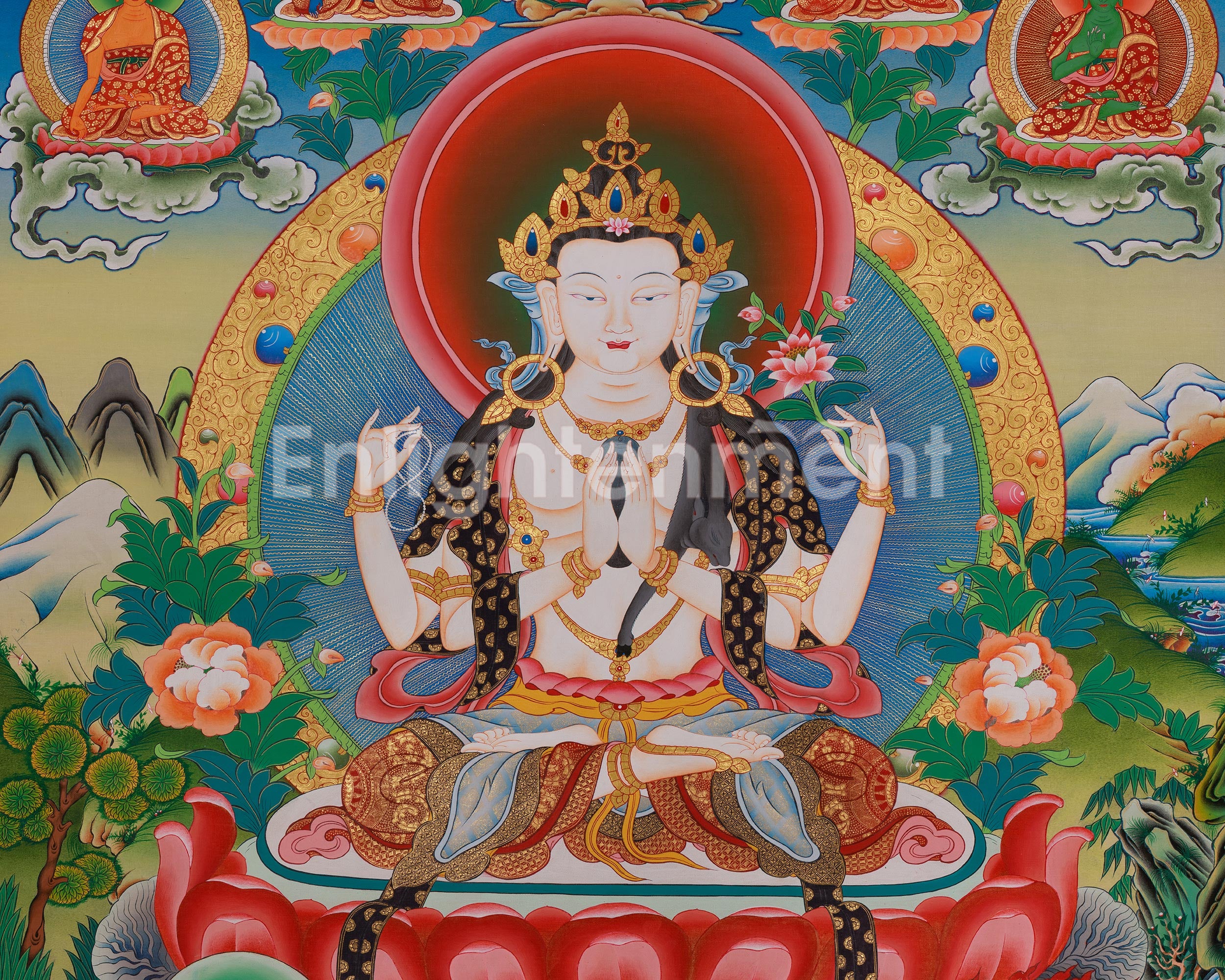 Chenrezig With Other Deities Thangka | Five Dhyani Buddha | Vajrapani And Manjushri Art
