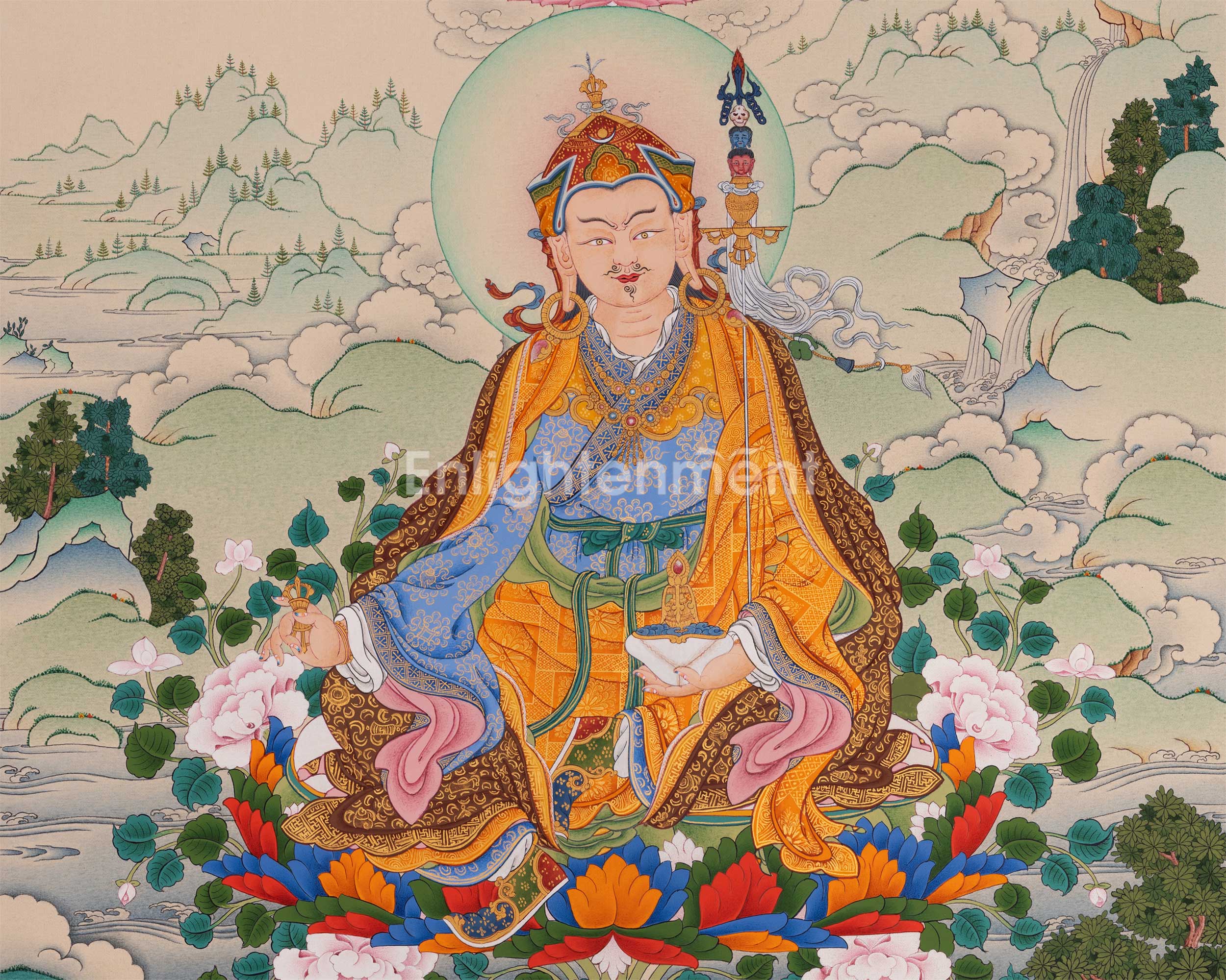 Guru Rinpoche with Chenrezig and Amitabha Buddha Thangka