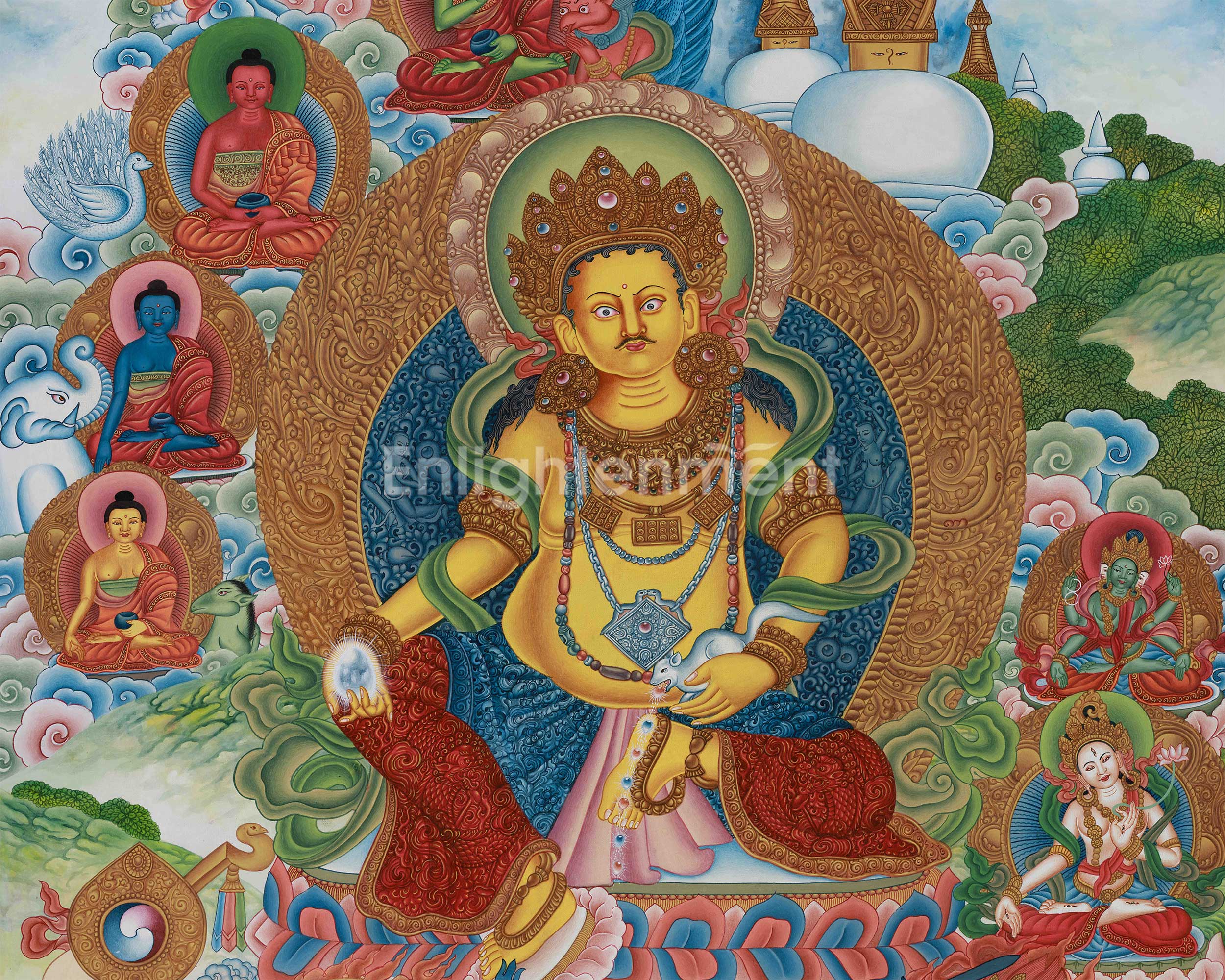 Yellow Dzambhala, The Wealth Deity Thangka | Prosperity Thangka With Five Dhyani Buddhas