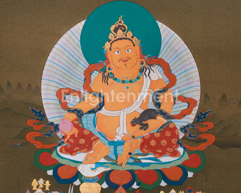 Prosperity's Guardian - Yellow Jambhala Thangka | Hand-Painted in Acrylic Colors